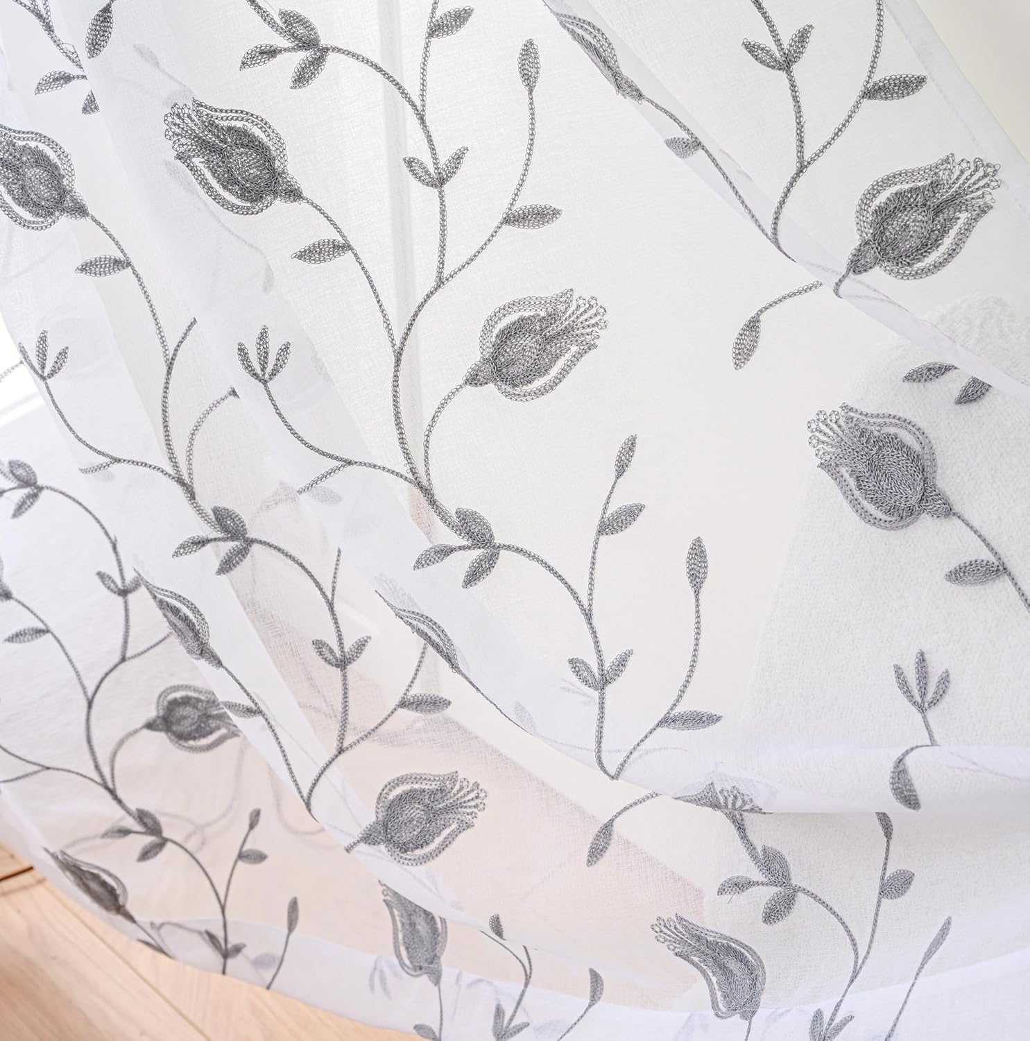 Sheer Curtains White-Grey 63 Inches, Floral Embroidery Rod Pocket Voile Drape for Living room, Bedroom, Window Treatments Semi Crinkle Curtain Panels for Yard, Patio, Villa, Parlor, Set of 2, 52"x 63"