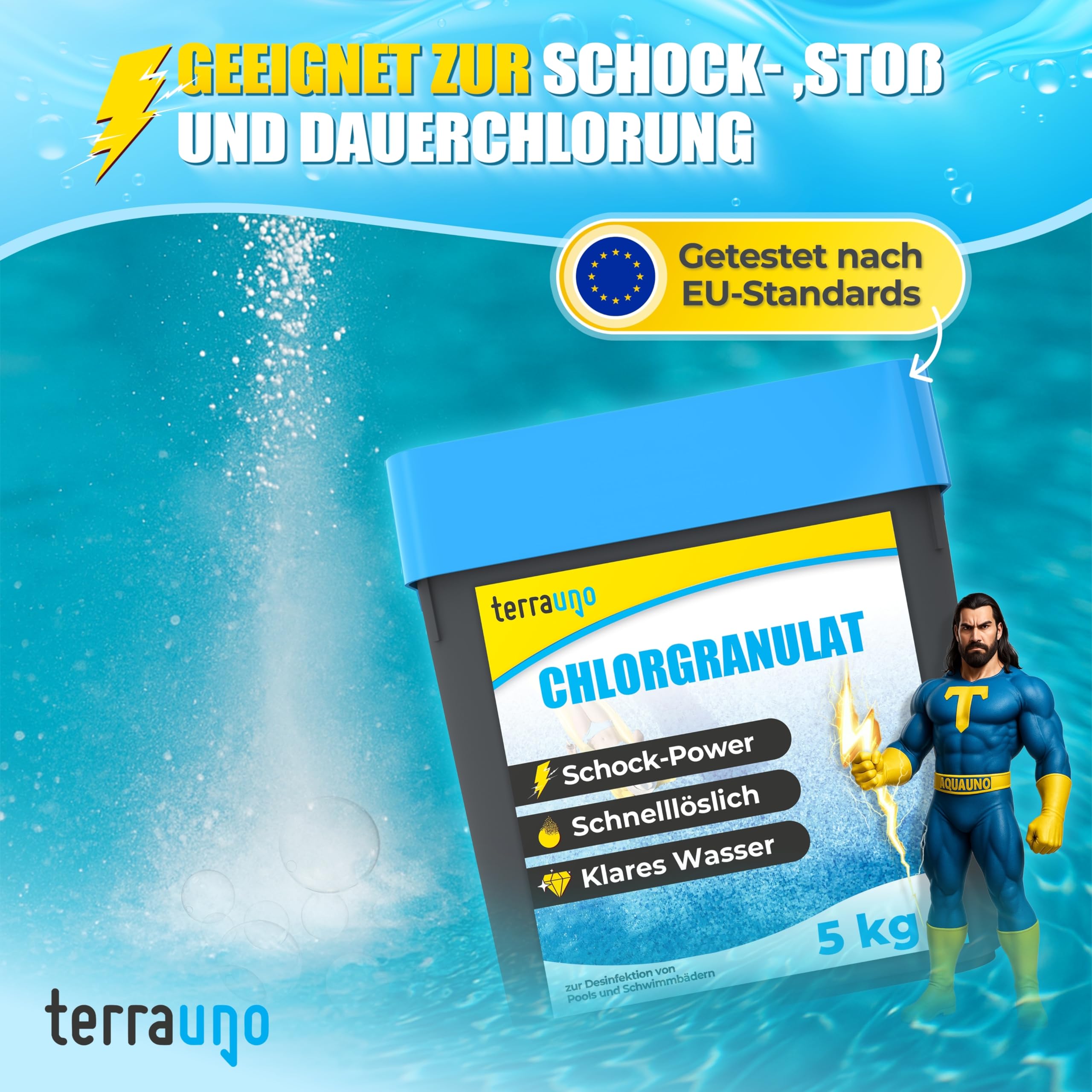 TerraUno Chlorgranulat für Pool, zur Schockchlorung, Stoßchlorung & Dauerchlorung, schnelllöslich 5Kg, Chlor Granulat für kristallklares & hygienisches Poolwasser