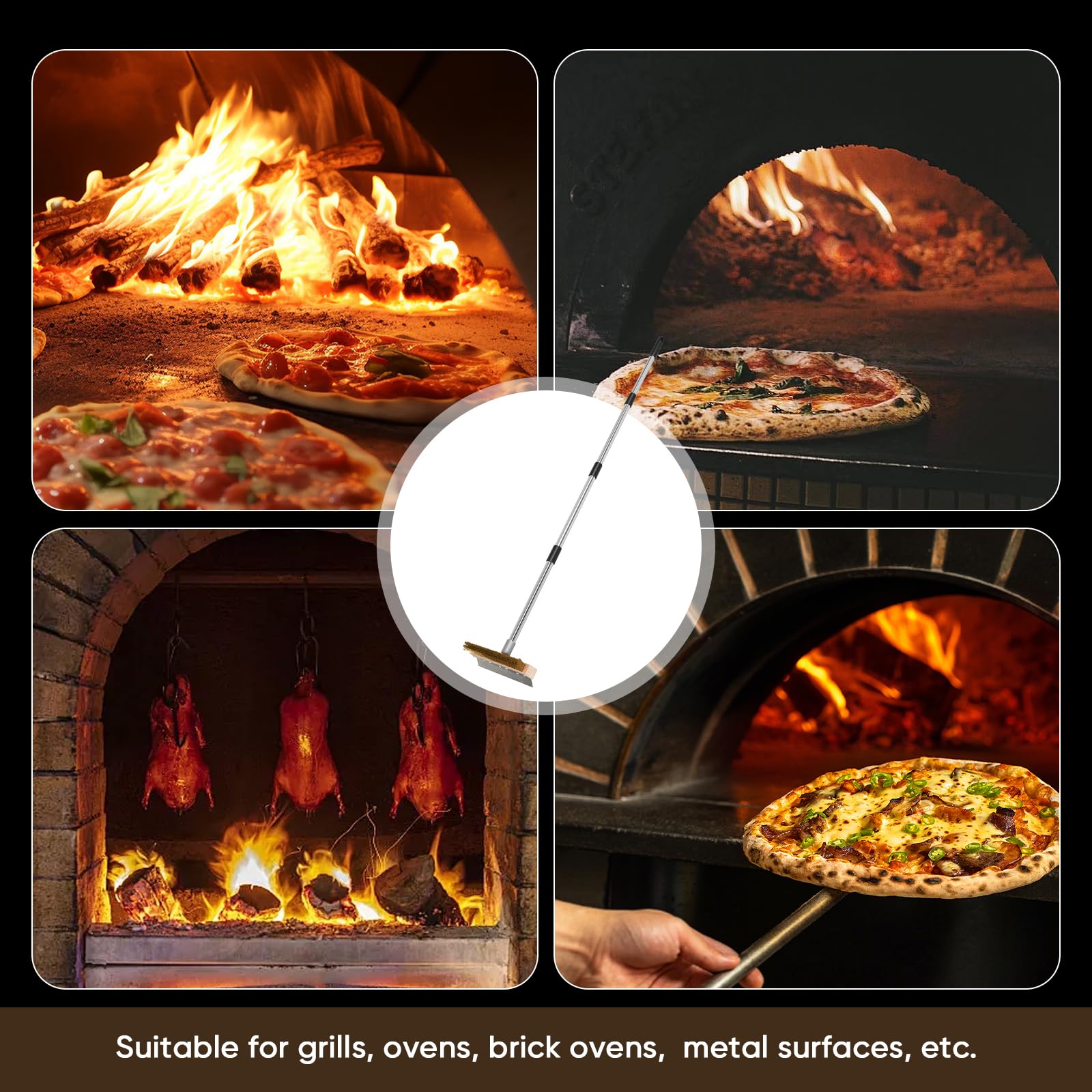 Spazzola forno pizza 2 in 1 con raschietto, manico regolabile 145 cm | spazzola per forno pizza in ottone da 25,5 cm per forno pizza a legna, barbecue, cucina, esterno e ristorazione