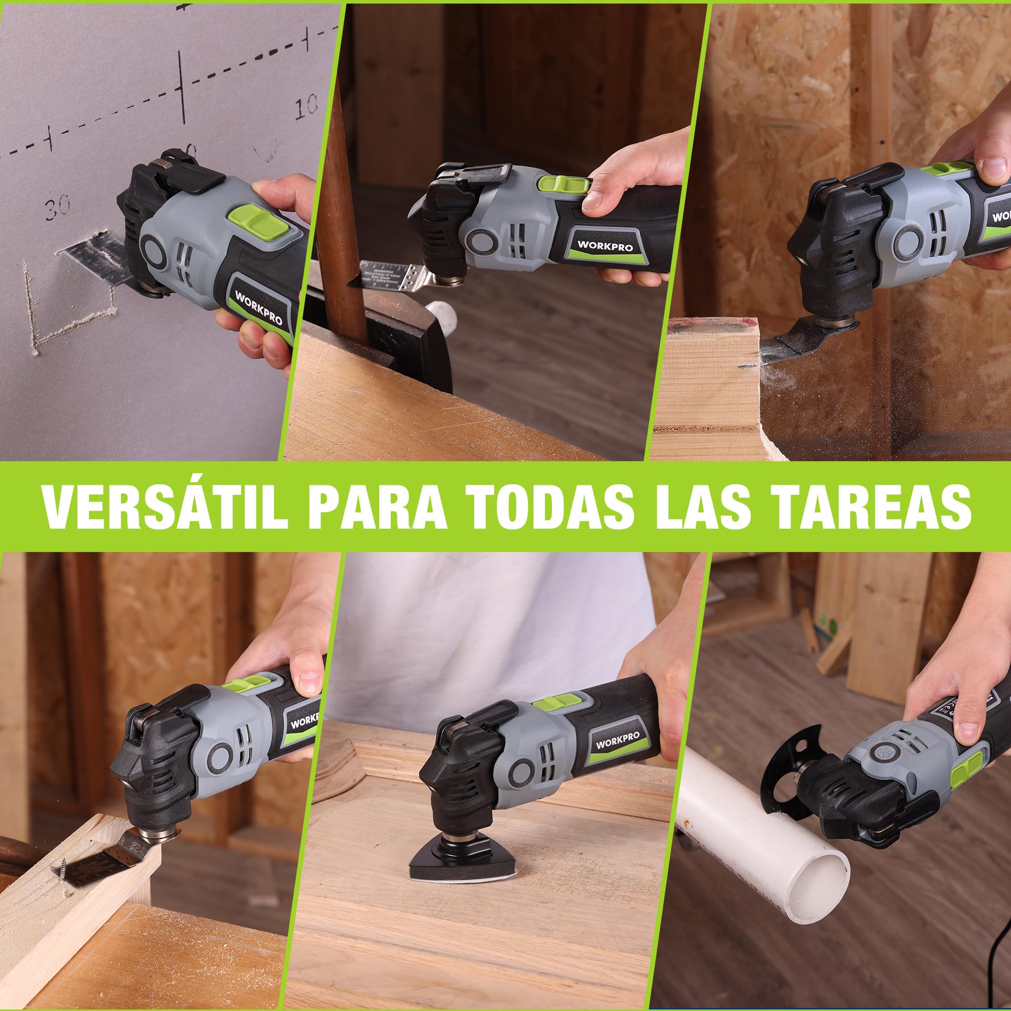 WORKPRO Herramienta Oscilante 400 W, Multiherramienta Eléctrica con 23 Accesorios y Bolsa, 6 Velocidades (15000–22000 RPM), Ángulo de Oscilación de 3,5°, Ideal para Cortar, Lijar y Raspado