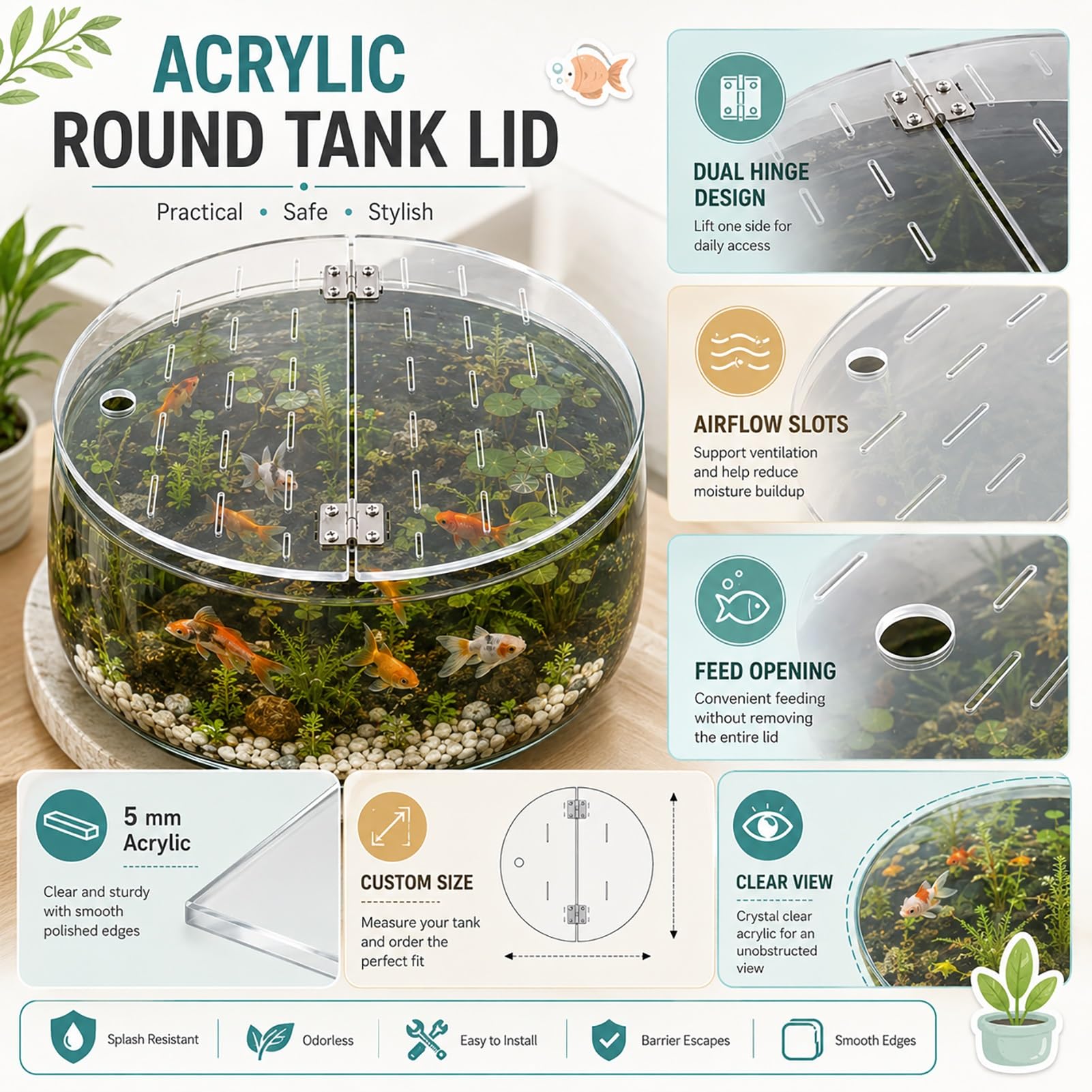 Couvercle d'aquarium en Acrylique, Couvercle d'aquarium Rond en Acrylique Transparent, 5mm, Double charnière, Port d'alimentation, Saut, Plusieurs Tailles(Dia45cm(17.7in))