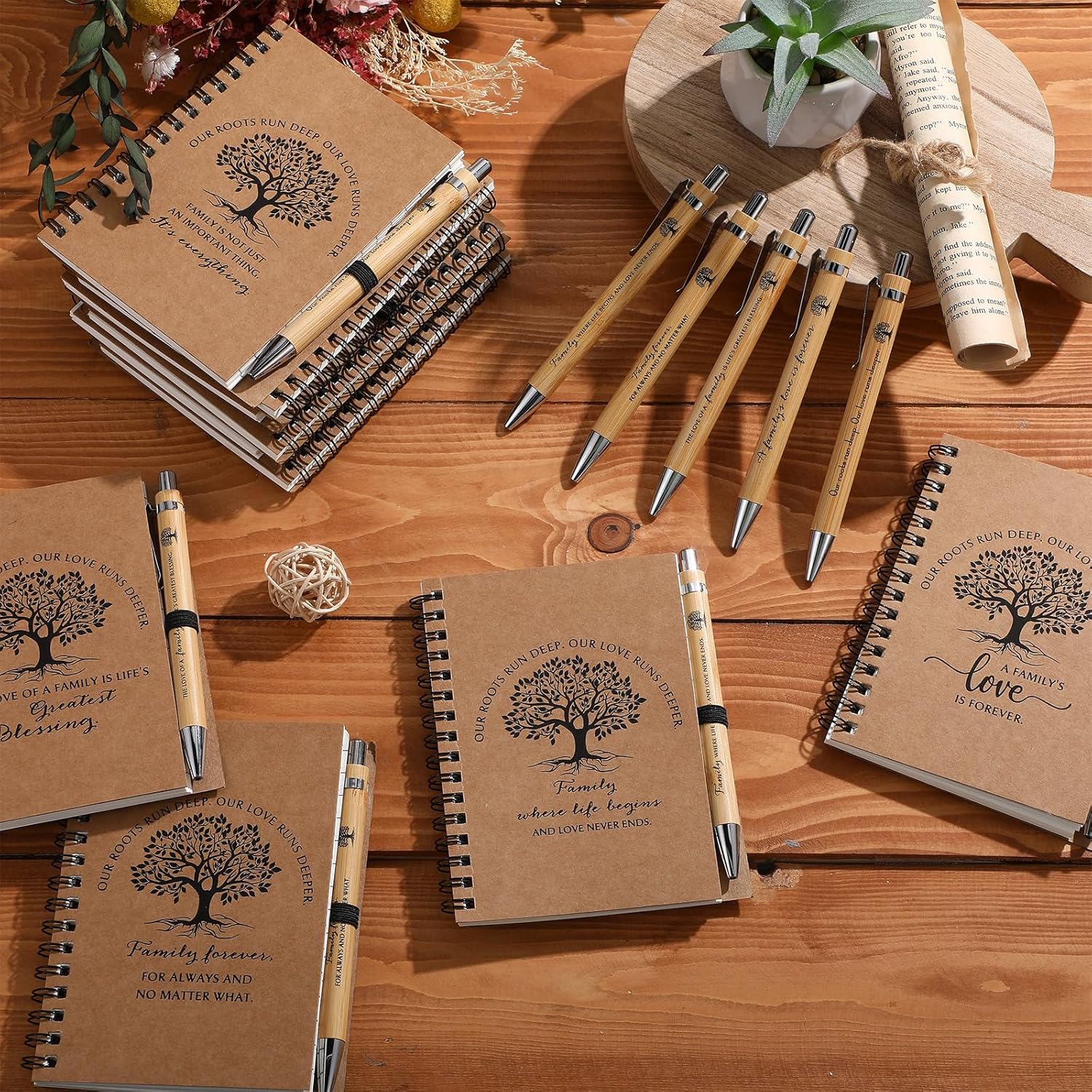 Janlaugh 15 Sets Family Reunion Party Favors 5 Styles A6 Spiral Notebook Remembering Our Roots Bamboo Ballpoint Pens Journal with Pen Holder Tables Centerpieces for Reunion
