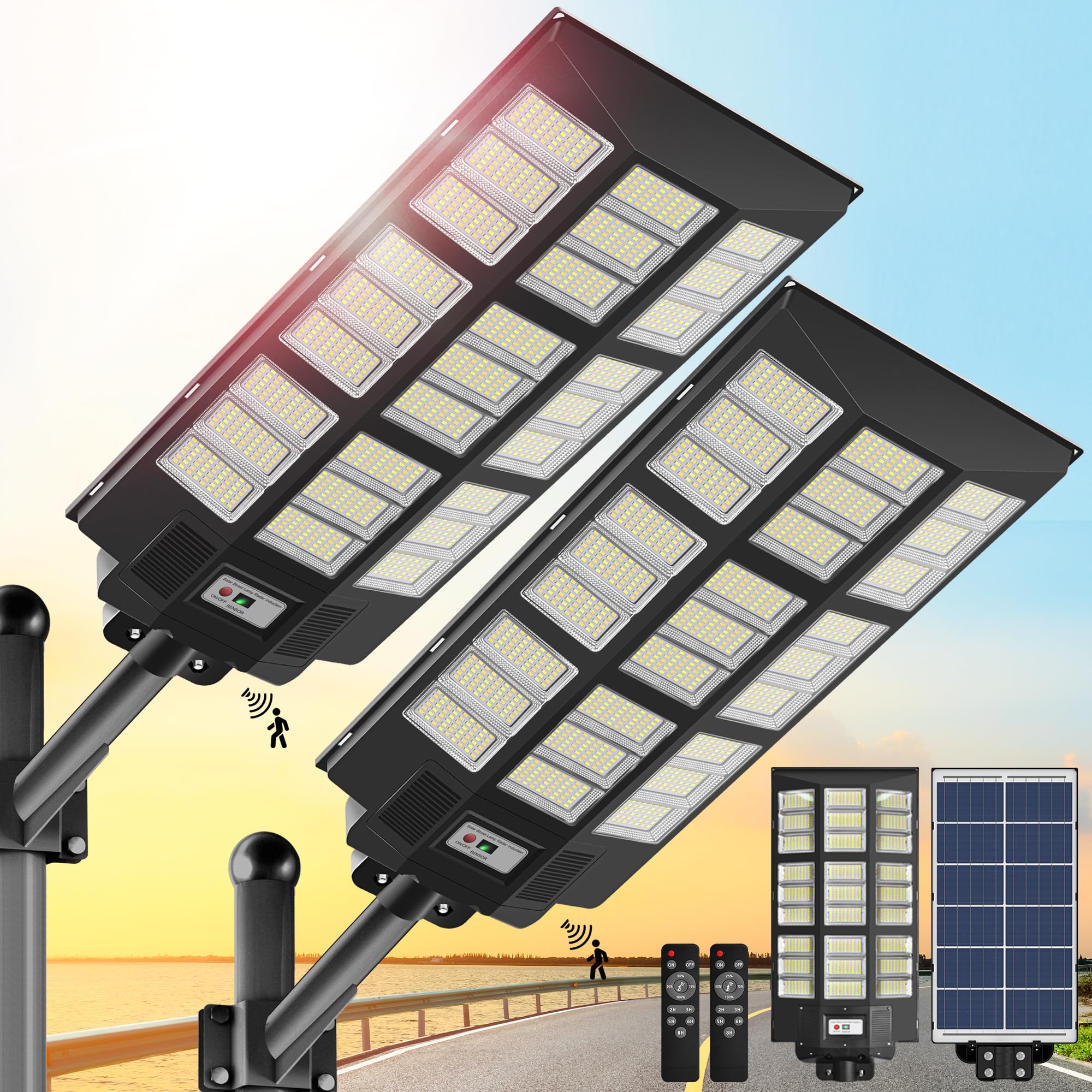3 Color Solar Street Lights Outdoor 3800W Solar Parking Lot Lights Commercial Dusk to Dawn 7000K 4500k 3500k LED Solar Lights Motion Sensor with Remote Control for Yard, Piazza(2 Pack)