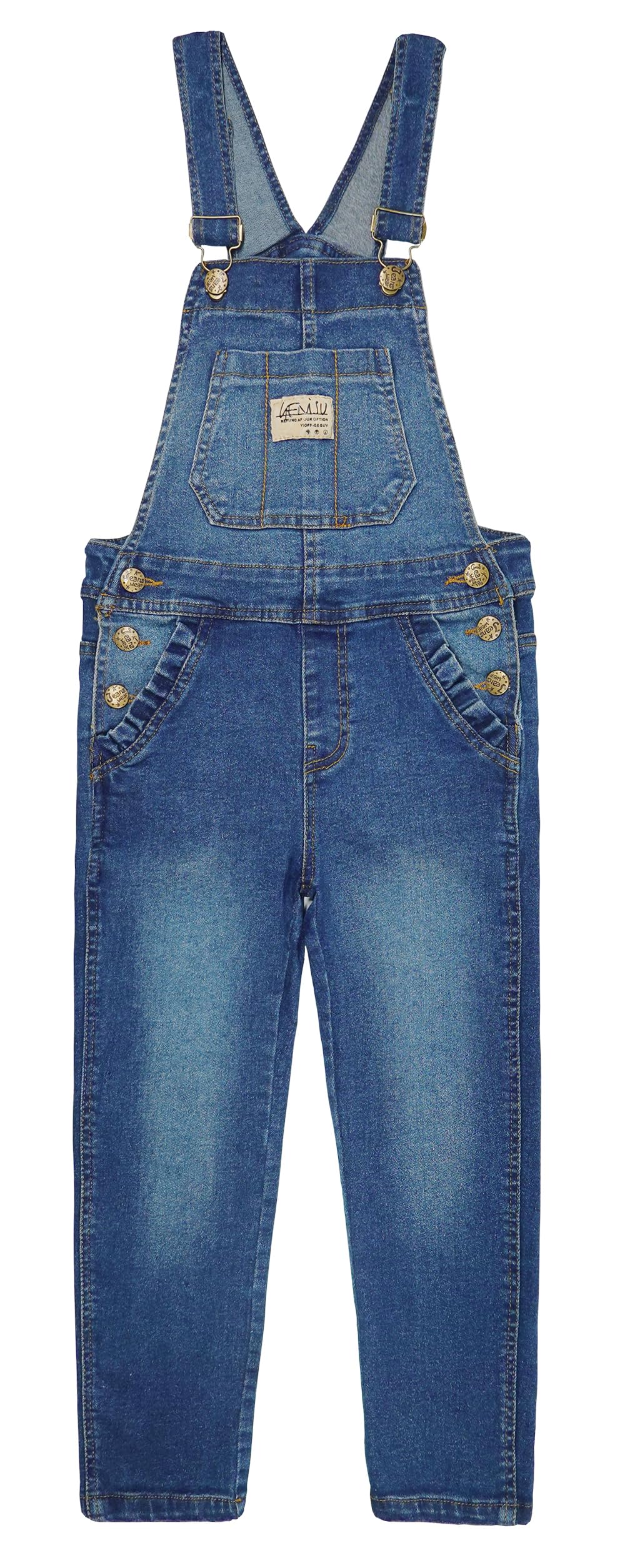 KIDSCOOL SPACE Salopette en jean pour fille, grande poche à rabat lavée, combinaison extensible douce