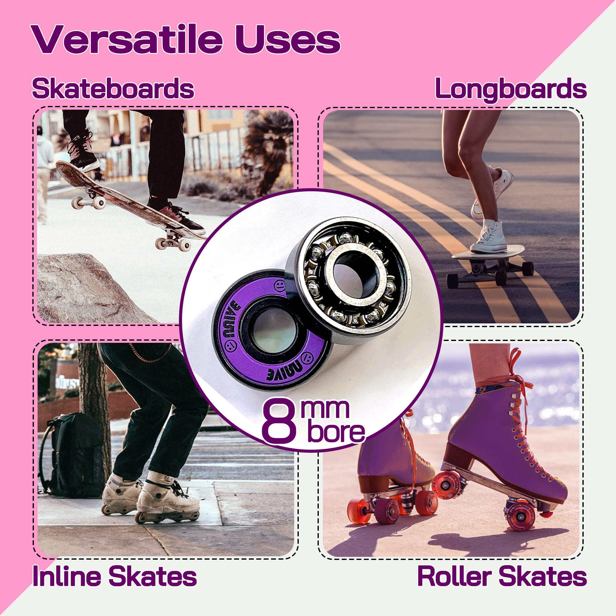Lot de 16 roulements de 8 mm - Précision 608 - Pour quad en ligne - Roller Derby - Longboard (violet fluo)