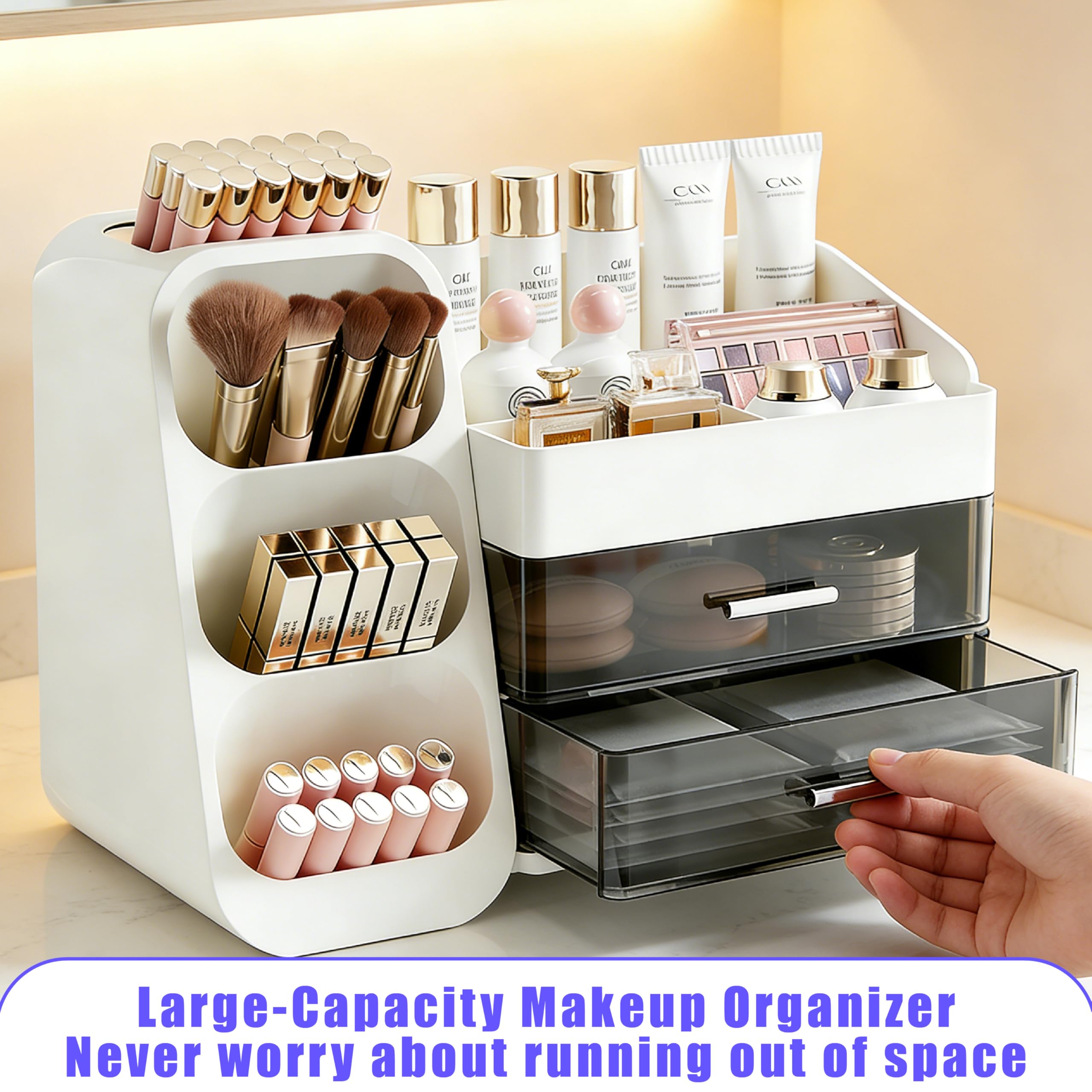 Großer Makeup Kosmetik Organizer mit Schubladen – 3-in-1 Aufbewahrungsbox für Pinsel & Kosmetik, stylischer weißer Aufbewahrungskasten für Ordnung und Stauraum auf dem Schminktisch