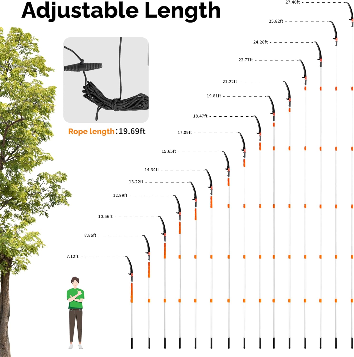 VINGLI 26ft Manual Extendable Tree Pruner Pole Saw, Long Tree Trimmer with Sharp Steel Blade, Aluminum Tree Cutter with 5-section for Pruning Palms and Shrubs