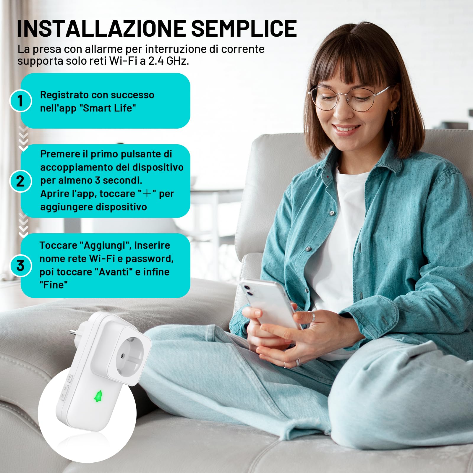 Rilevatore di Interruzione di Corrente WiFi,Antifurto Allarme Casa, Presa Intelligente con Allarme Mancanza Alimentazione (110 dB) e LED, Allerta Blackout su App Smart Life/Tuya