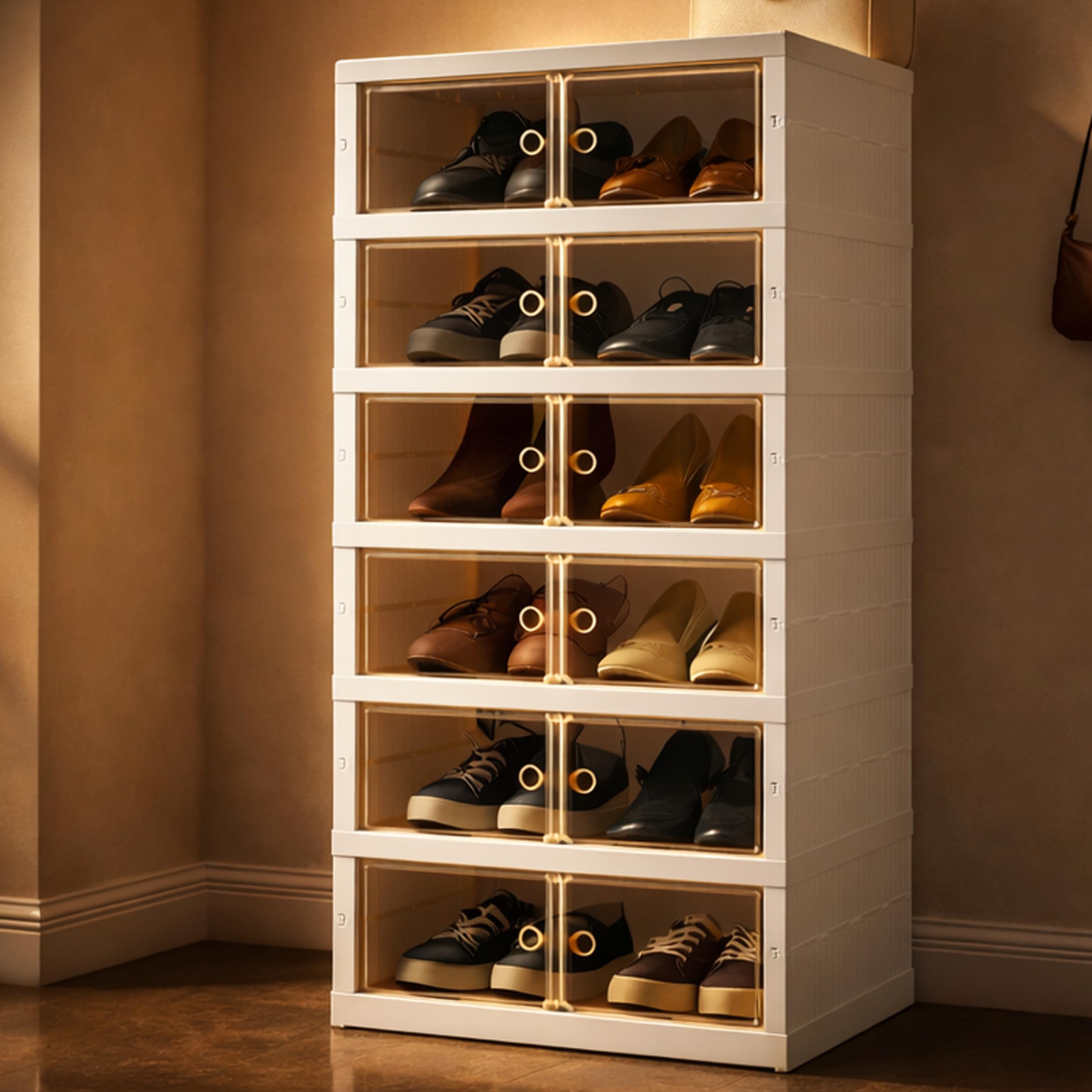 Zemic Multipurpose Modular Plastic Shoe Rack for Home with Door | 𝟔 𝐒𝐡𝐞𝐥𝐟 Stackable Organizer | Waterproof & Dustproof | Space Saving Storage for Home, Bedroom & Entryway【Cream, 6-Door-6-Shelf】
