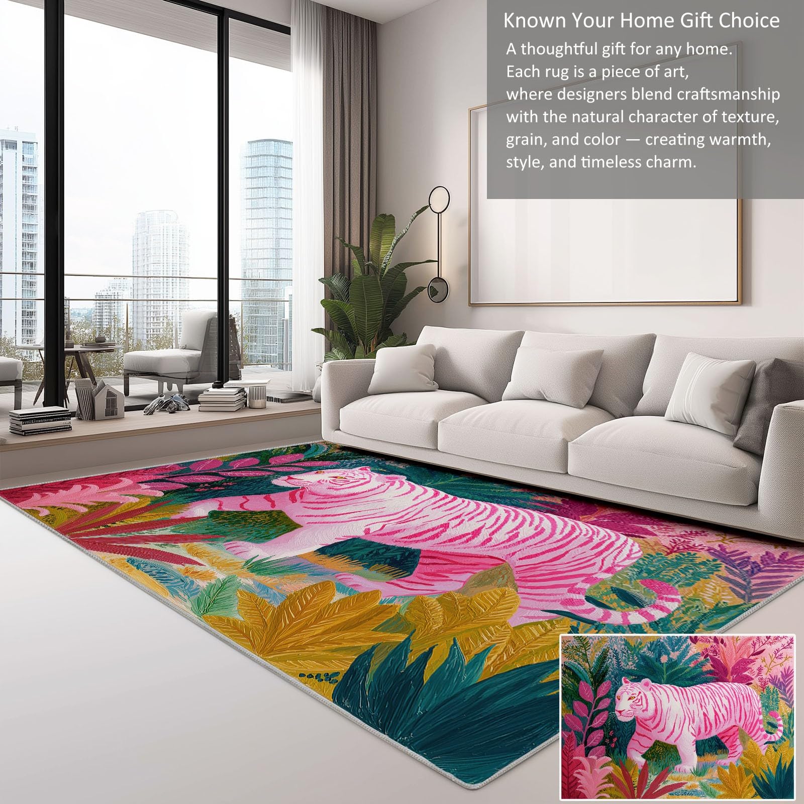 Tapis Salon Lavable Animaux des Prairies Tigre 80x150cm Tapis Chambre Poils Courts Doux Antidérapant pour Salon, Entrée, Chambre et Chambre Bébé