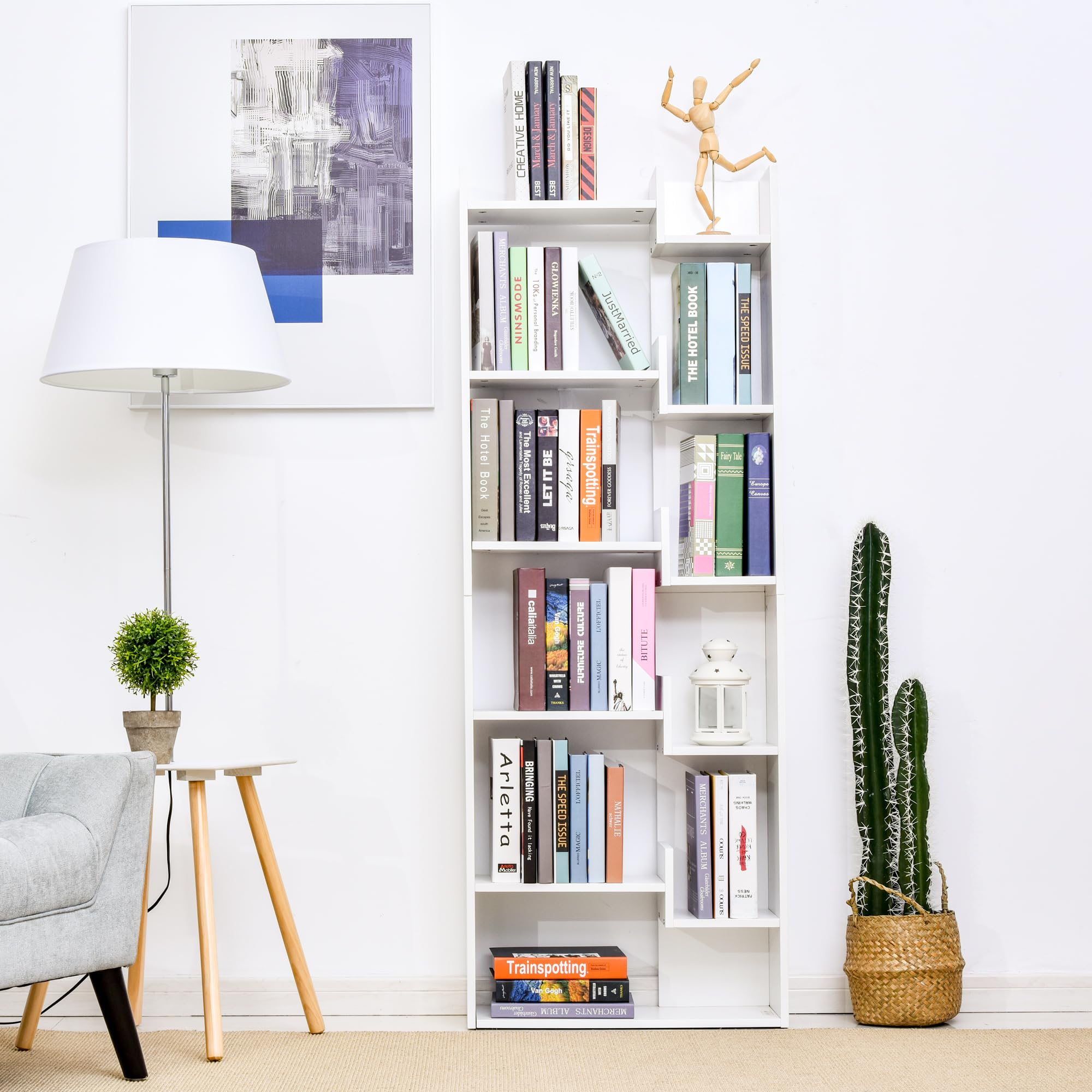 HOMCOM Regał na książki, 6-poziomowy regał do przechowywania, wysoki regał, nowoczesny regał na książki, nieregularny design, do salonu, sypialni, biura, 60 x 21 x 162,5 cm, biały