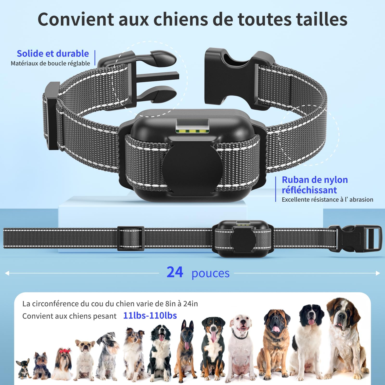 Collier Dressage Chien avec Télécommande-Le Plus Petit et Le Plus Léger Collier de Dressage Chien，Conçu pour Les Chiots，3 Modes : Voix, Vibration, Stimulation，Étanche IPX7，Rechargeable，Blanche