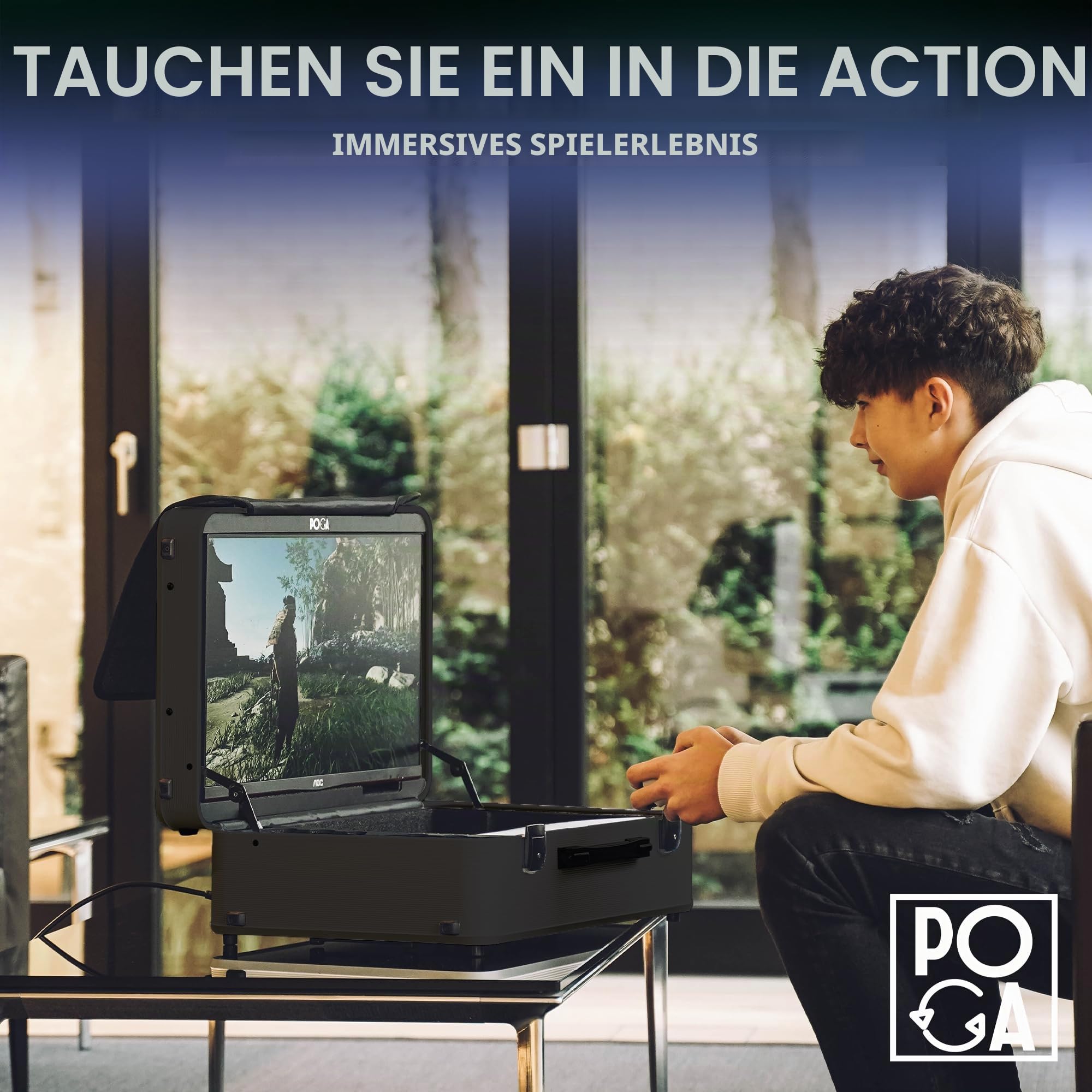 POGA Lux Black – Tragbarer Gamingkoffer (kompatibel mit PlayStation 5) mit integriertem 24″ AOC Gaming Monitor, Trolley & Reisekoffer-Design – Schwarz