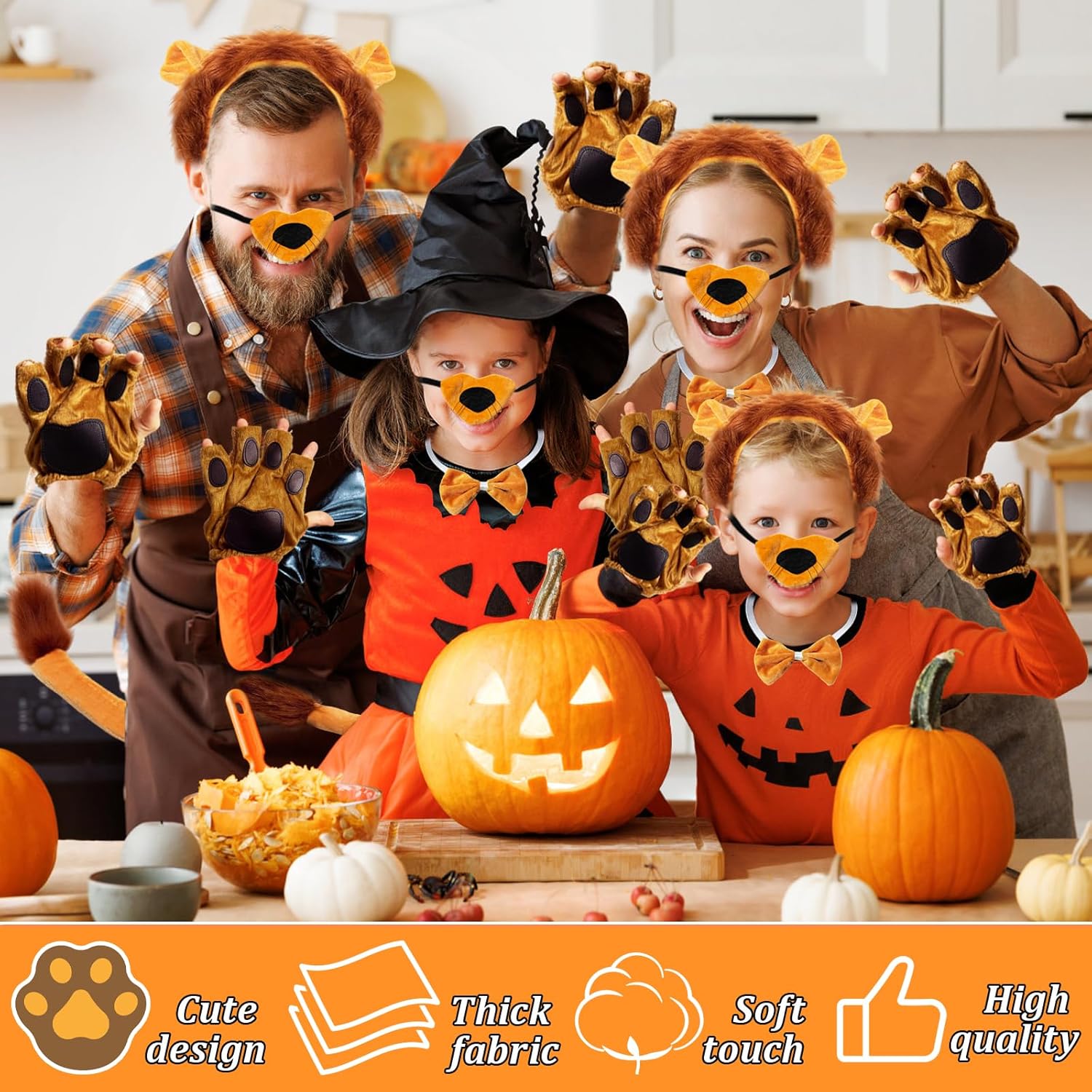 5 Pcs Lion Costume Set,Brown Lion Headband Nose Tail Bow Tie Paw Gloves,Halloween Lion Cosplay Set,Animal Costumes for Kids,Adults,Party,Dress Up - Image 6