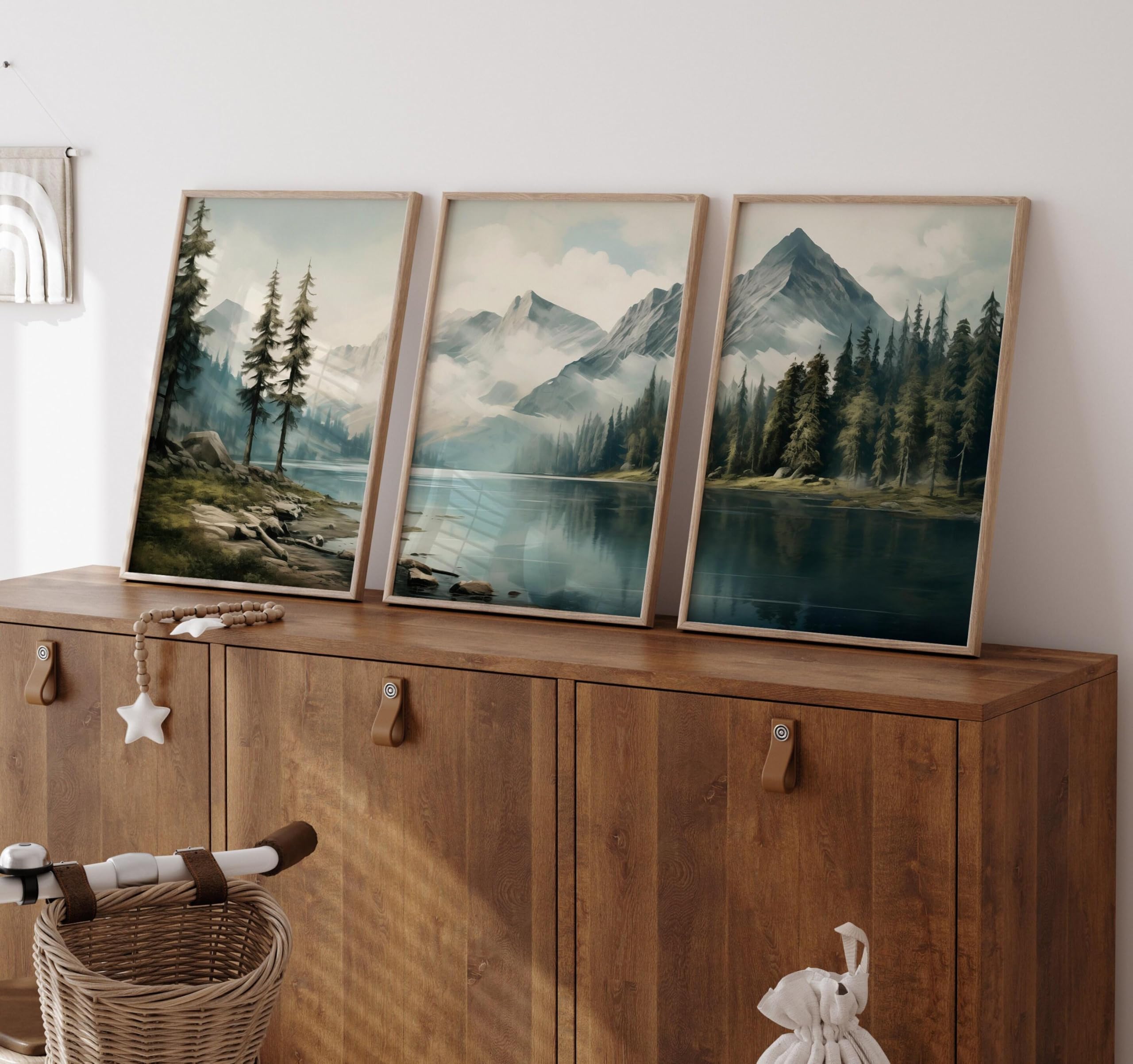 YUSUZHU Mountain Lake Forest Watercolor Neutral Vintage Canvas Art Prints Landscape Wall Decor Abstract Nature Nursery Paintings 50x70cmx3 Frameless