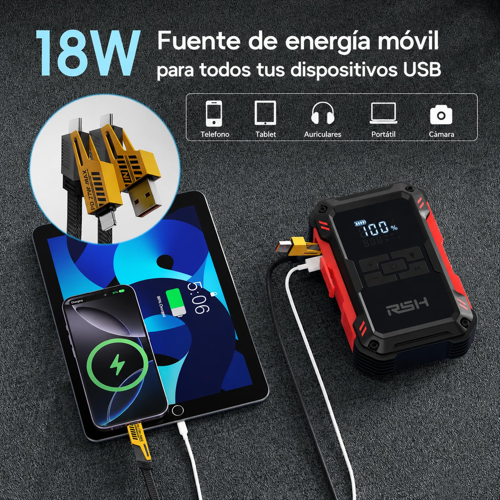 RSH Arrancador de Baterías de Coche 4000A con Compresor de Aire 150PSI – Jump Starter Portátil 12V 10000mAh para 9,0L Gasolina y 6,5L Diésel – Pantalla LCD, Linterna LED, Carga USB 18W