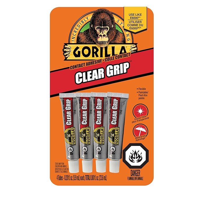 Gorilla清晰握力接触粘合剂迷你装，灵活快干，永久性防水粘合，室内外可涂漆