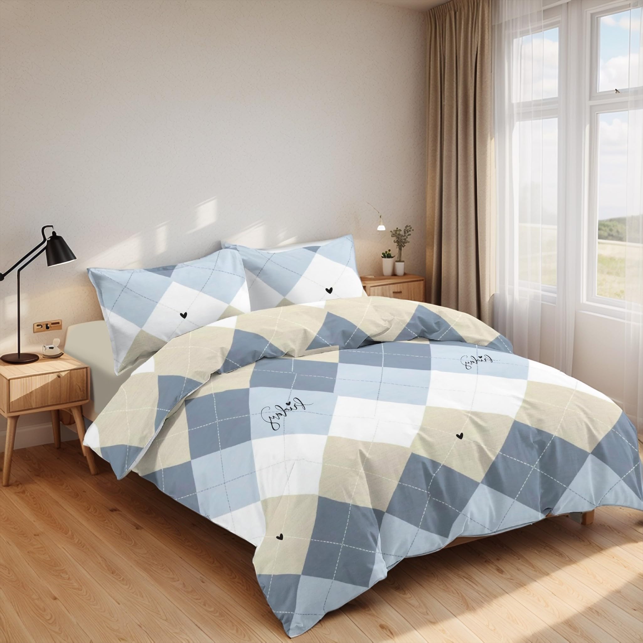 Juego de Funda Nórdica 3 Piezas Cama 90 Microfibra Extra Suave Transpirable - 1 Funda Edredón 150x220 cm, 1 Bajera 90x200+28 cm y 1 Funda Almohada 50x110 cm (Cuadro Azul y Beige)