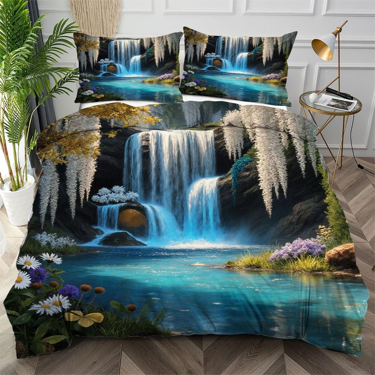 Housse de couette 200x200 cascade bleue en microfibre avec taies d'oreiller
