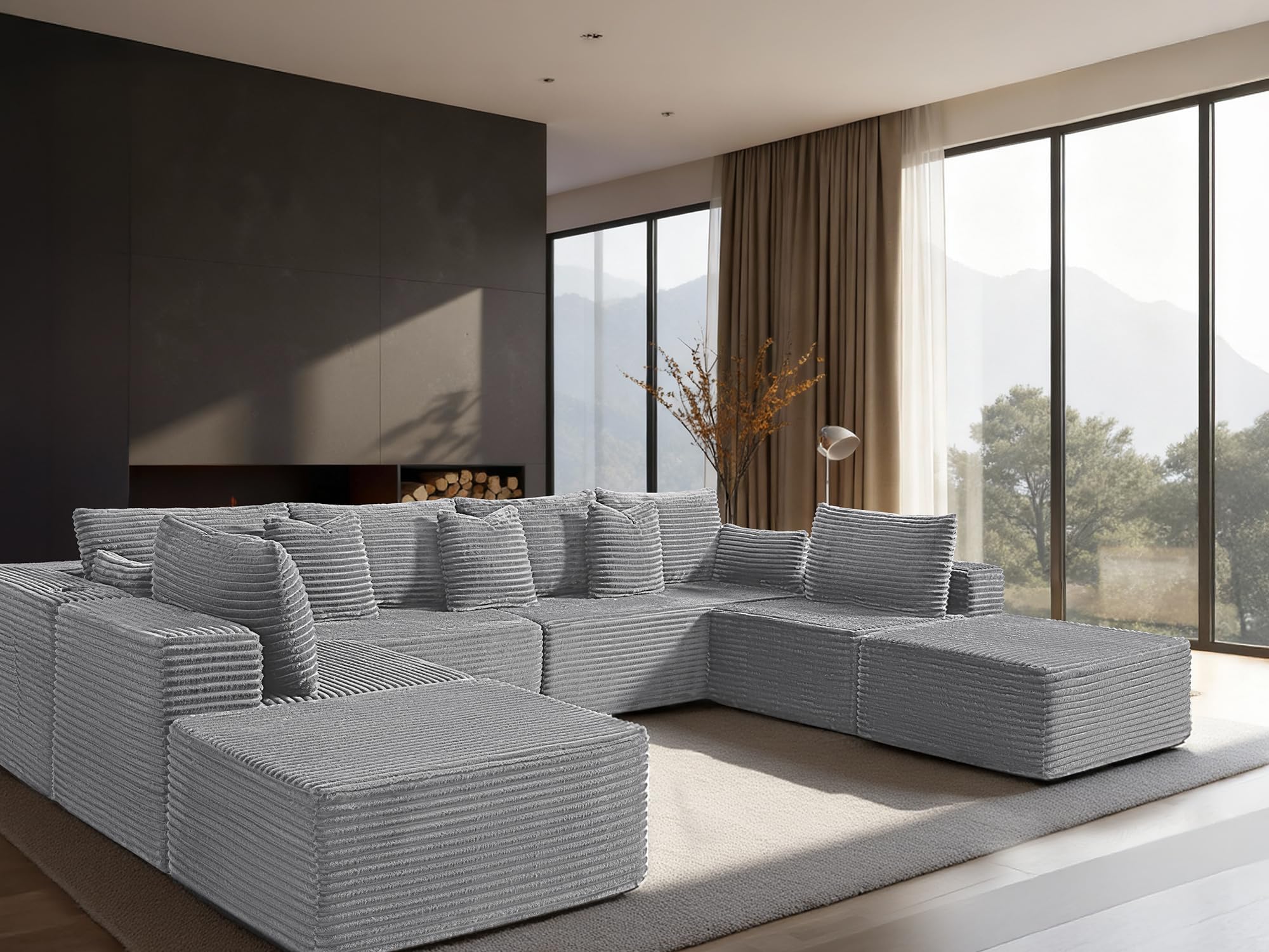 138" Cloud Sectional Couch, Comfort U Shaped Sofa for Living Room, Extra Deep Seats No Assembly, Minimalist Modular Couch, Corduroy (Light Grey, 8 Seats,U-Shape A)