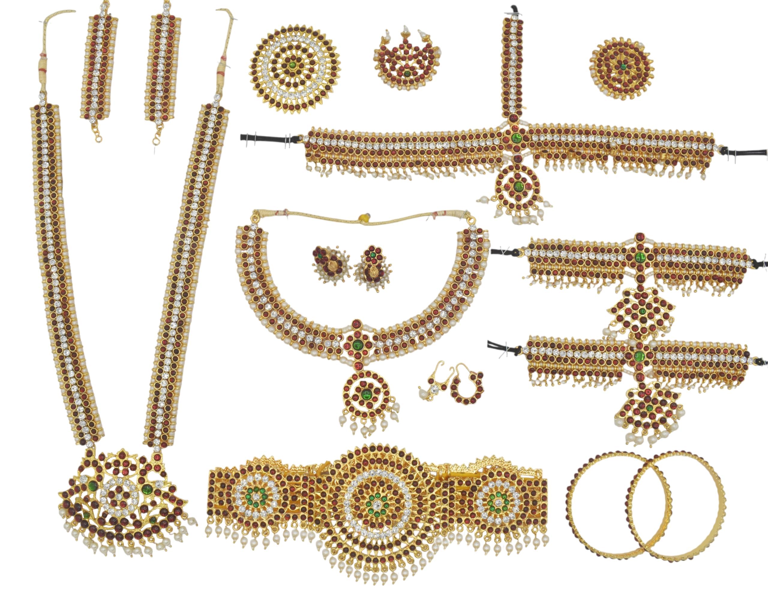 GVG Traditional Bharatanatyam & Kuchipudi Temple Jewellery Set | Gold-Plated Copper with Green & Red Kemp Stones | Complete 10-Piece Classical Dance Accessory Set for Women-image-42