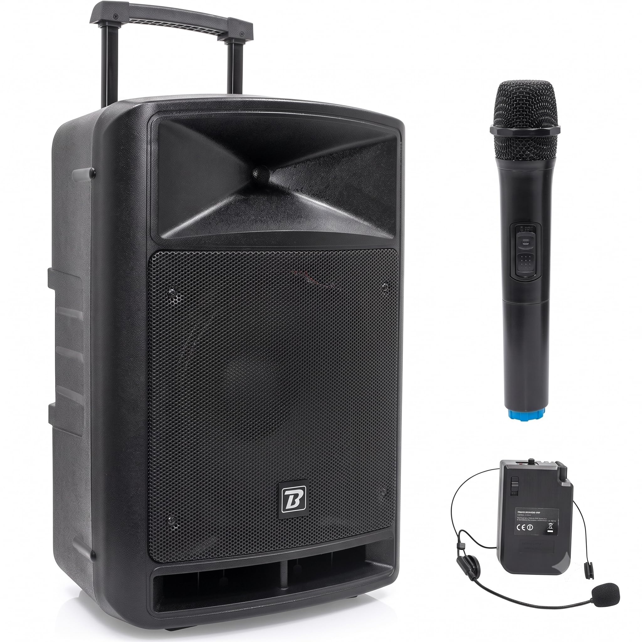 Sistema de Sonido portátil Negro 600W con Bluetooth, BoomTone DJ TRAVELSOUND12-VHF. Lector USB, SD y micrófono de Mano y Diadema VHF incluidos. Ideal para DJ, Karaoke, espectáculos callejeros y