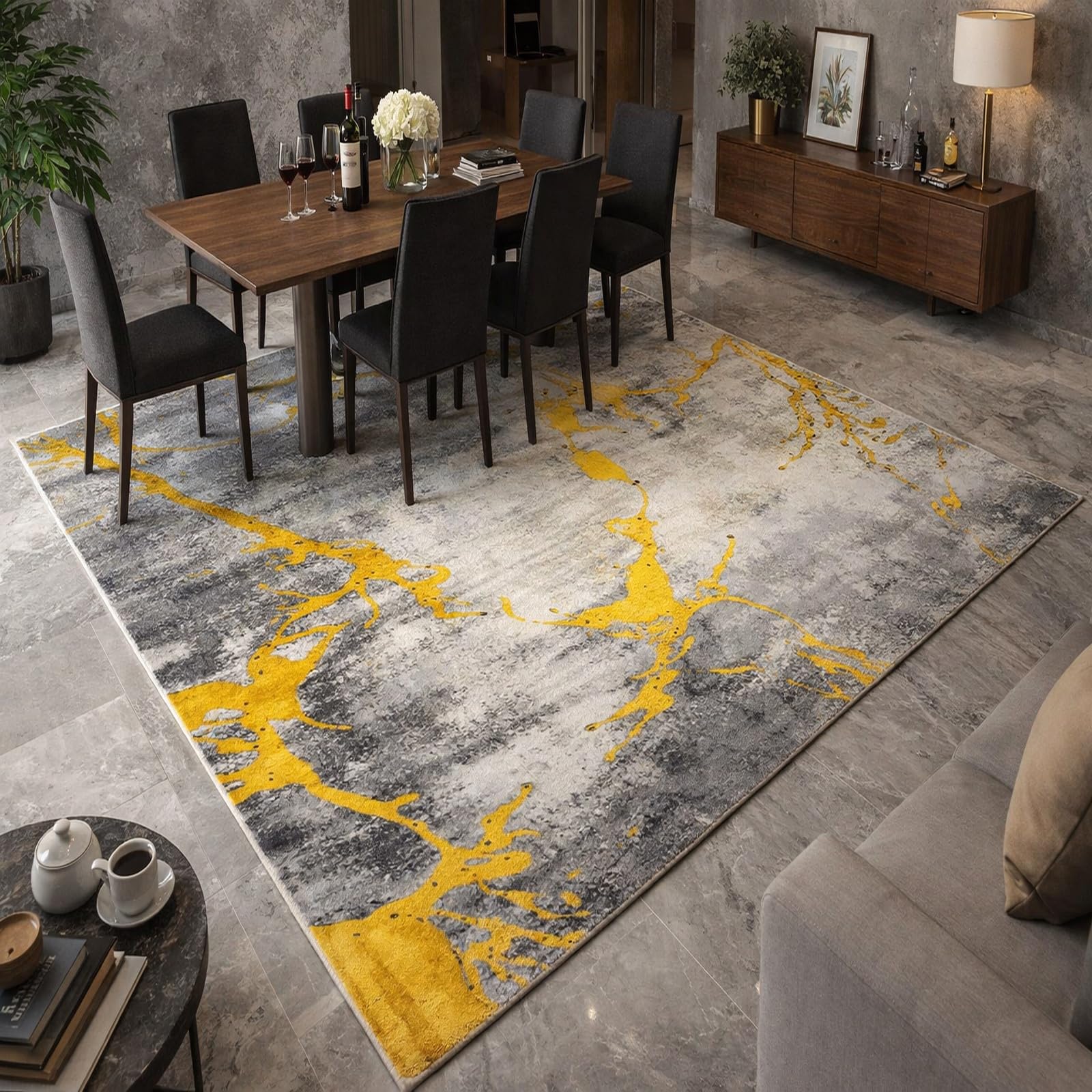 Tapis lavable 160x200cm or moderne abstrait antidérapant pour salon