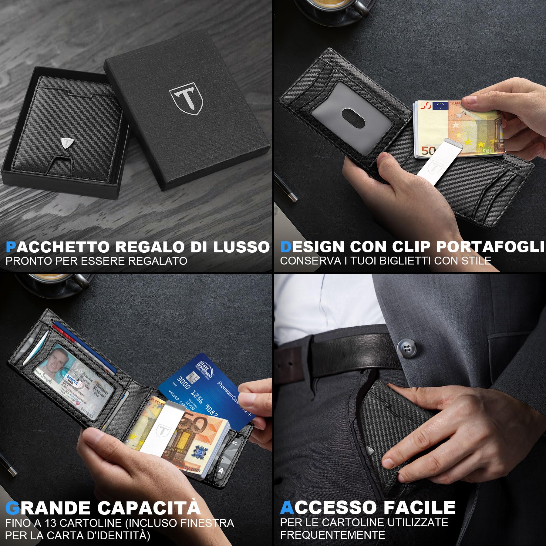 Tomylv Portafoglio Uomo RFID Blocking Portafoglio Uomo Slim Pelle in Fibra di Carbonio con 13 Porta Carte di Credito Uomo, ID Window, Fermasoldi, Bi-Fold Minimalista con Confezione Regalo - Nero