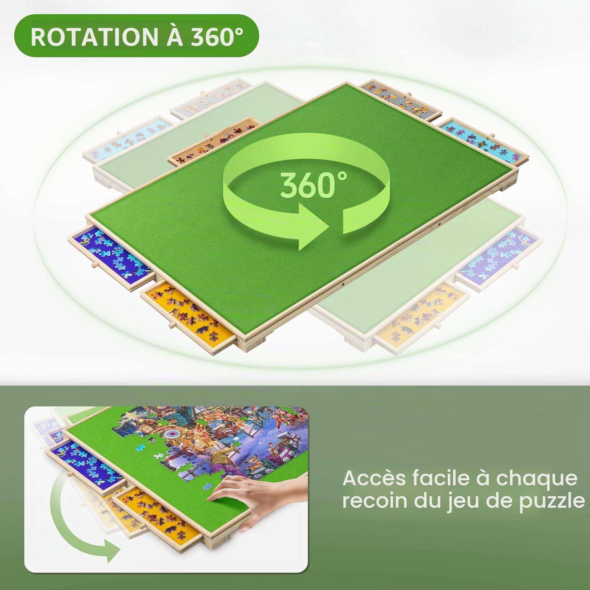Tektalk Planche de puzzle 2 en 1 inclinable et rotative avec 5 tiroirs colorés, table de puzzle portable pour adultes, plateau de puzzle pivotant en bois avec Lazy Susan et couvercle, jusqu'à 1500