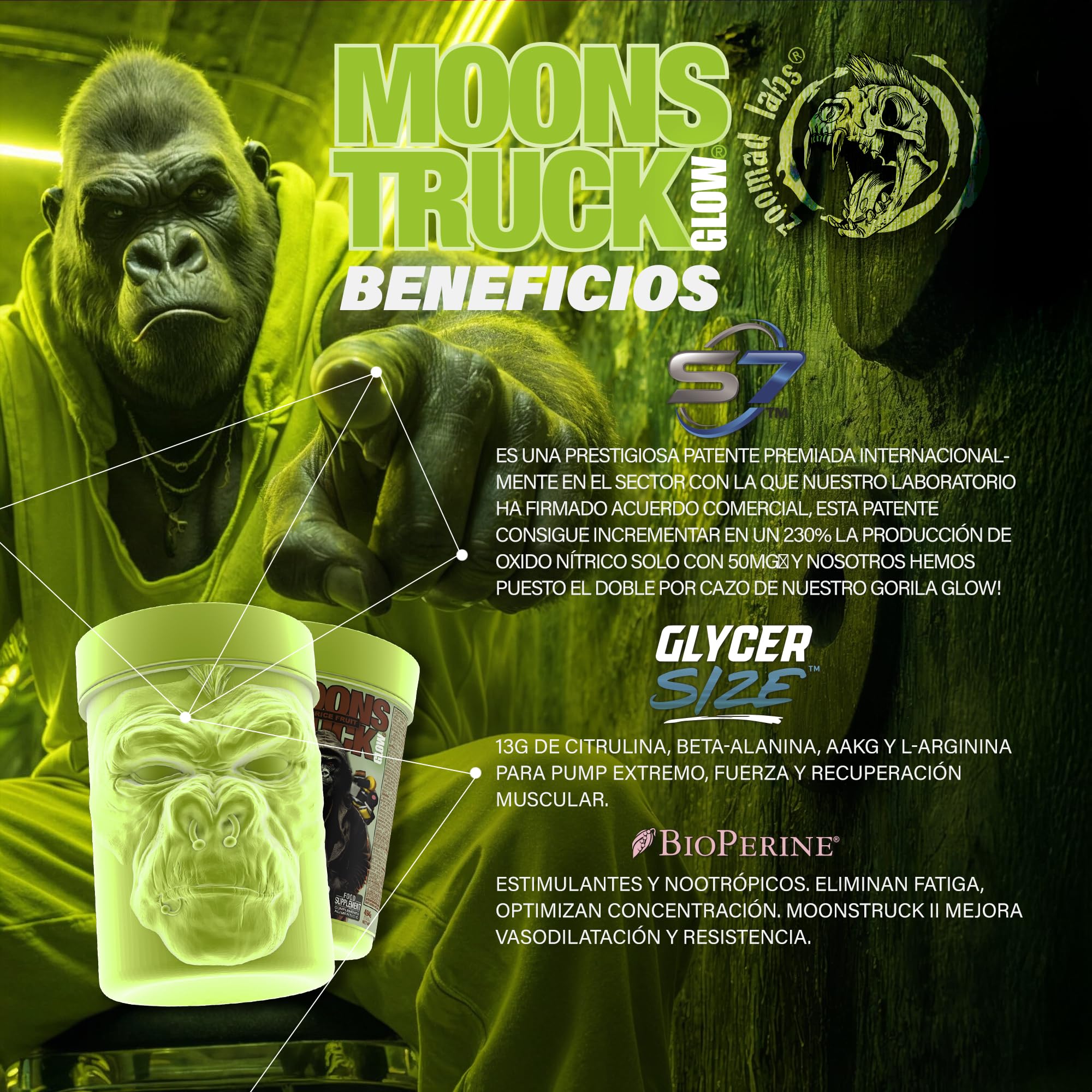 Pre Workout Moonstruck Glow Zoomad Labs 494g – Preentreno Premium para Gimnasio con Cafeína, Óxido Nítrico, Pump Extremo y Fuerza – Bote 3D Gorila Glow que Brilla - Fizzy Peachy
