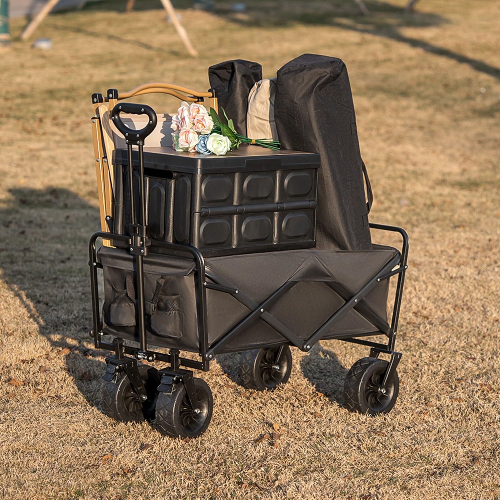 Carrello da Spiaggia Pieghevole Carrello da Giardino Portatutto con Ruote per Ogni Tipo di Terreno Braccioli Regolabili Ruote Rimovibili e Sacchetti per Tazze per Campeggio E