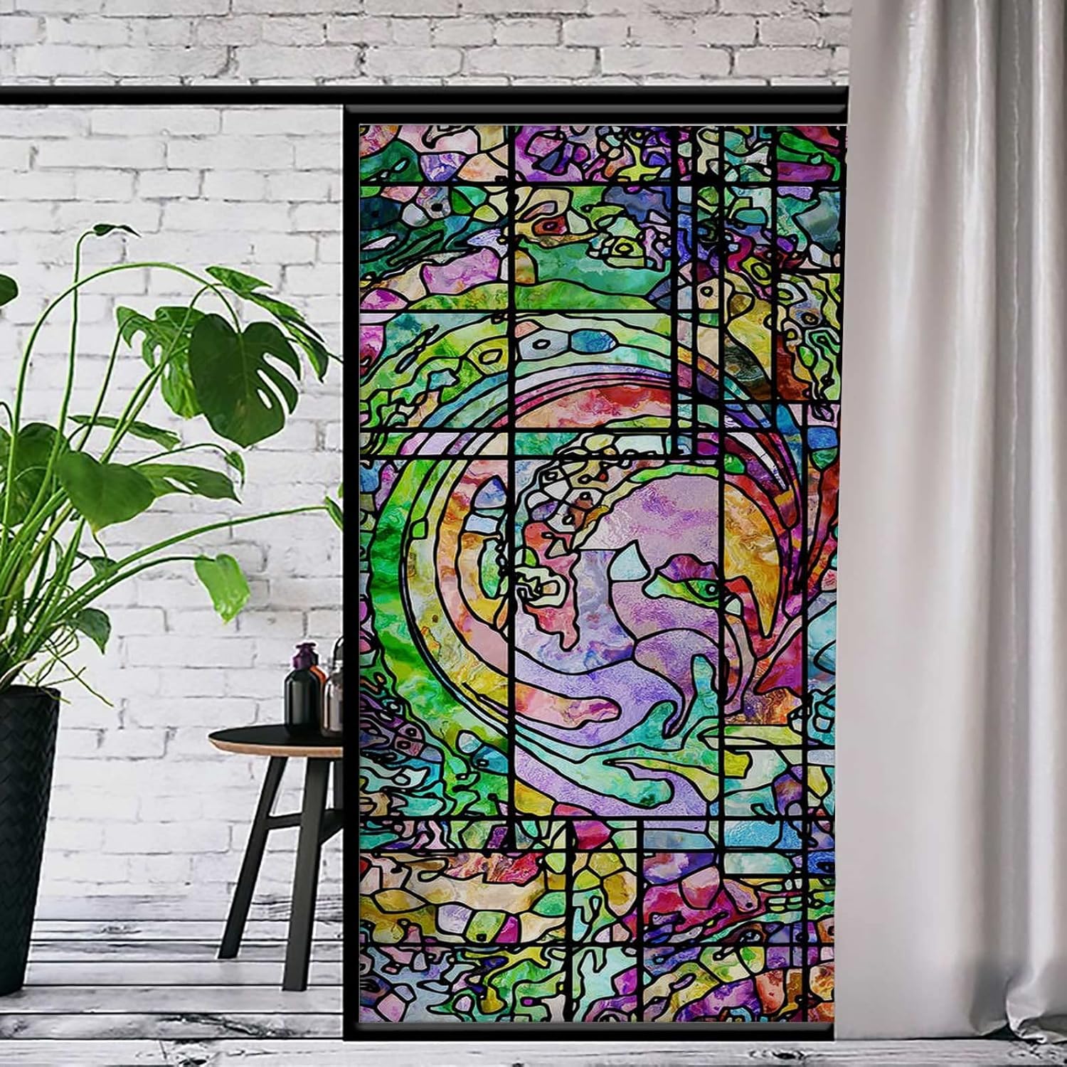 Stained Glass Window Film Privacy One Way Abstract Colorful UV Glass Film Window Home Office Living Room Glass Film 35.4 x 59 in