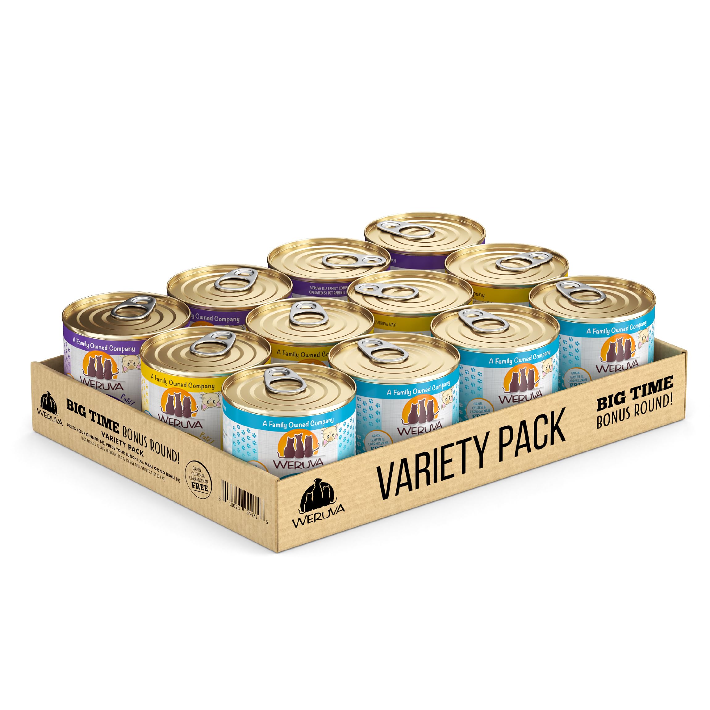 Weruva Wet Cat Food, Big Time Bonus Round Pate Variety Pack, 10oz Can, Pack of 12