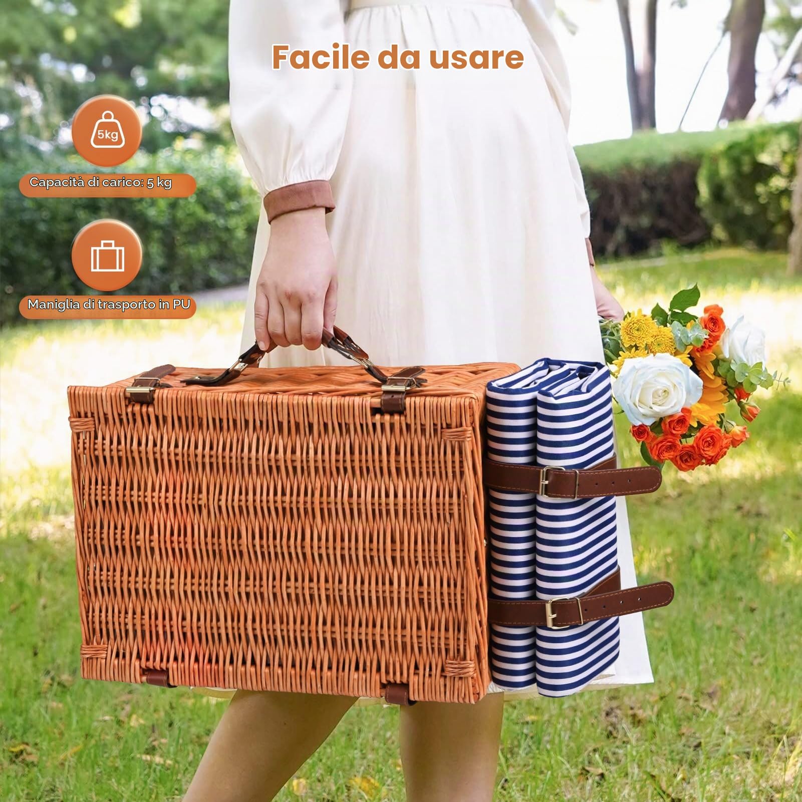Cestino da Picnic in Vimini per 4 Persone, Cesto Picnic con Scomparto Termico, Coperta Impermeabile, Piatti, Bicchieri, Posate, per Campeggio, Festa all'Aperto, Spiaggia, Escursioni, Blu