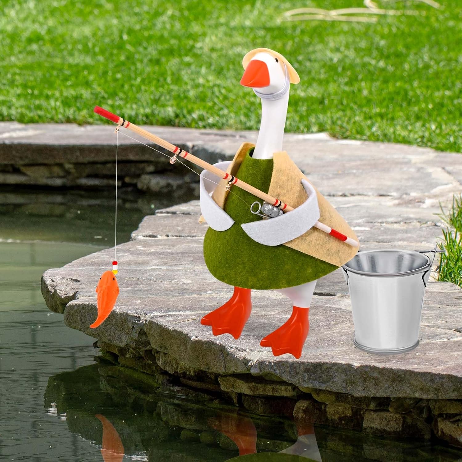 JcHrmers Fishing Desk Goose Outfits 7 Inch Mini Goose Fieldsmen Clothes Mini Straw Hat Fishing Rod and Iron Bucket Fisherman Costume Accessories for Magnetic Goose Statue Desk Table Decor