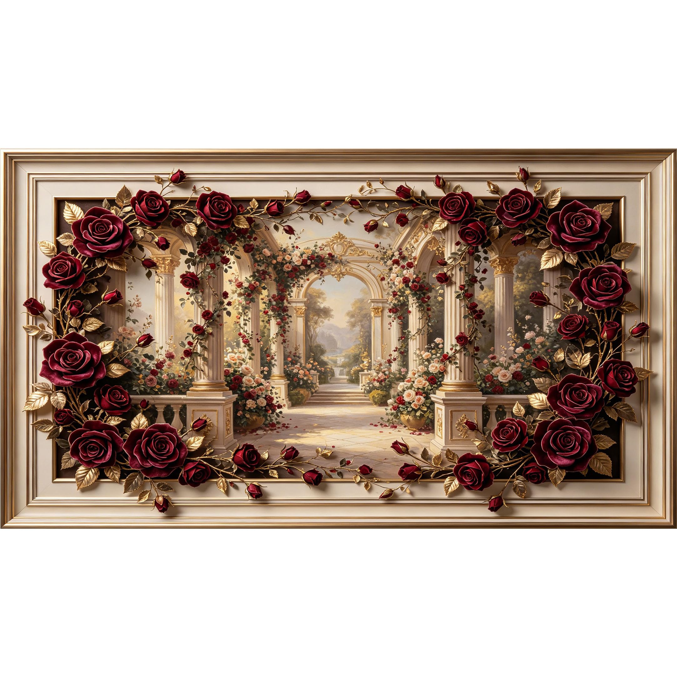 QZLITHOTIC 50×90cm3D Framed Wall Art， Neoclassical Romantic Rose Garden Archway Self?Adhesive Mural， Water?Activated Peel & Stick Fabric Decor Wall Decal for Bedroom Living Room