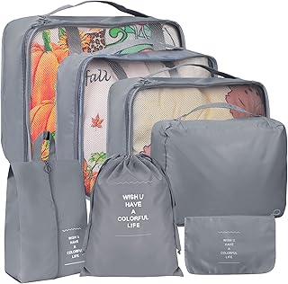 7 مجموعات من مكعبات التعبئة لحقائب السفر، منظمات تعبئة امتعة السفر خفيفة الوزن كينغدالوكس حقيبة الاحذية، حقيبة ملابس داخلية، مجموعة مكعبات السفر للرجال والنساء، رمادي، البوليستر