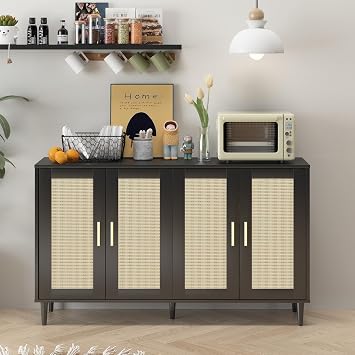 Sideboards and Buffets with Storage,Entryway Storage Cabinet,4 Doors Living Room Kitchen Storage Cabinet,Console Table Cabinet with Rattan Decorated Doors,Black