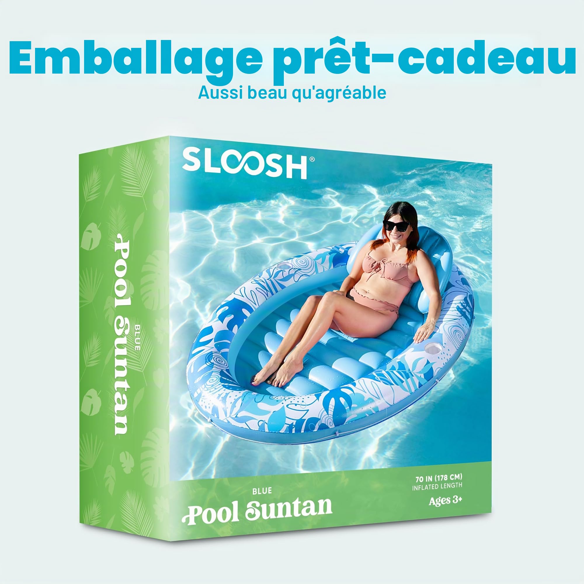 SLOOSH Flotteur gonflable de bronzage de 177,8 x 127 cm pour adulte avec oreiller, flotteur ovale 4 en 1 pour bronzage, bain de soleil, salon pour piscine à balles, cadeaux de fête