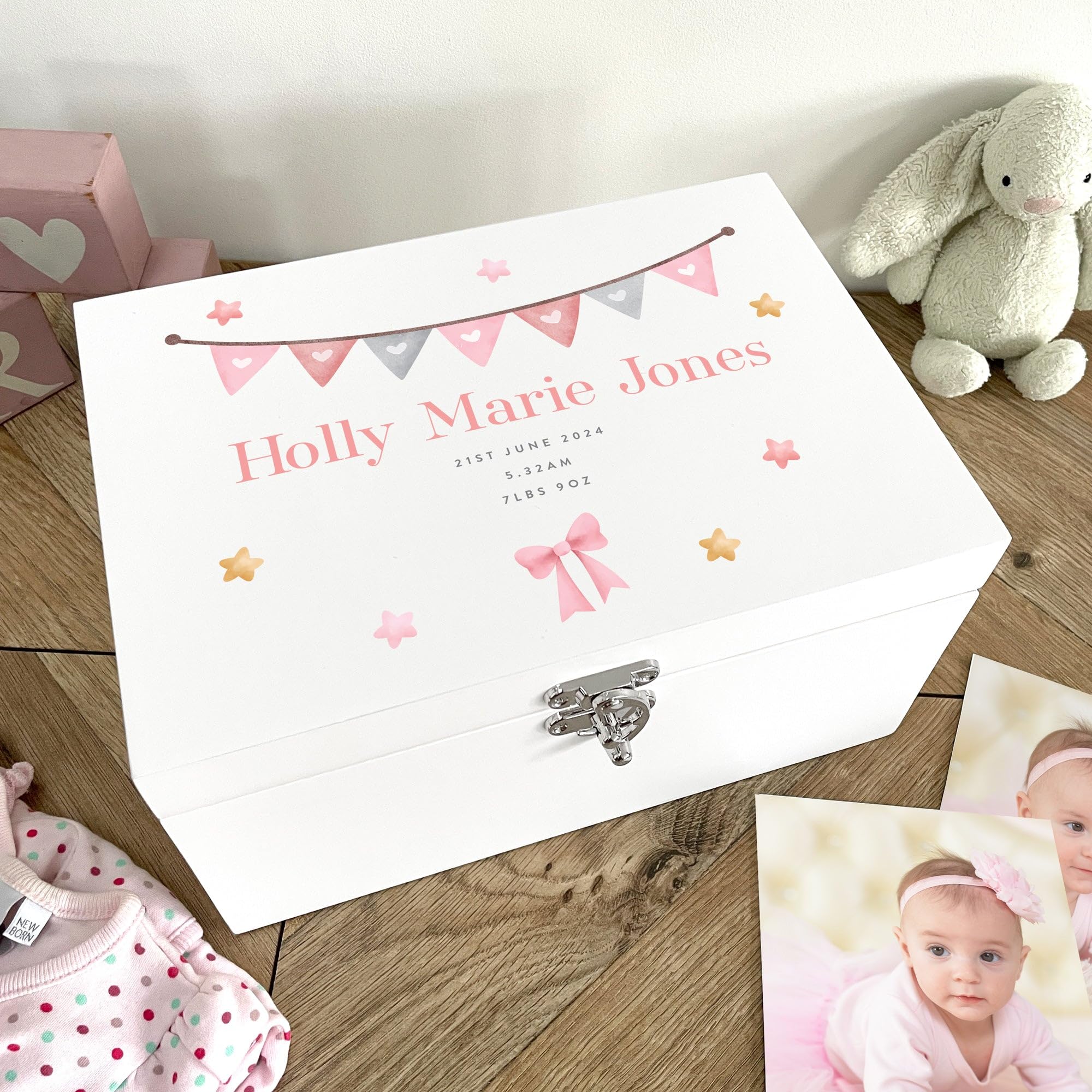 Caja de recuerdos de madera blanca con guirnalda rosa personalizada para baby shower, nuevo bebé, 27 x 19 x 14 cm