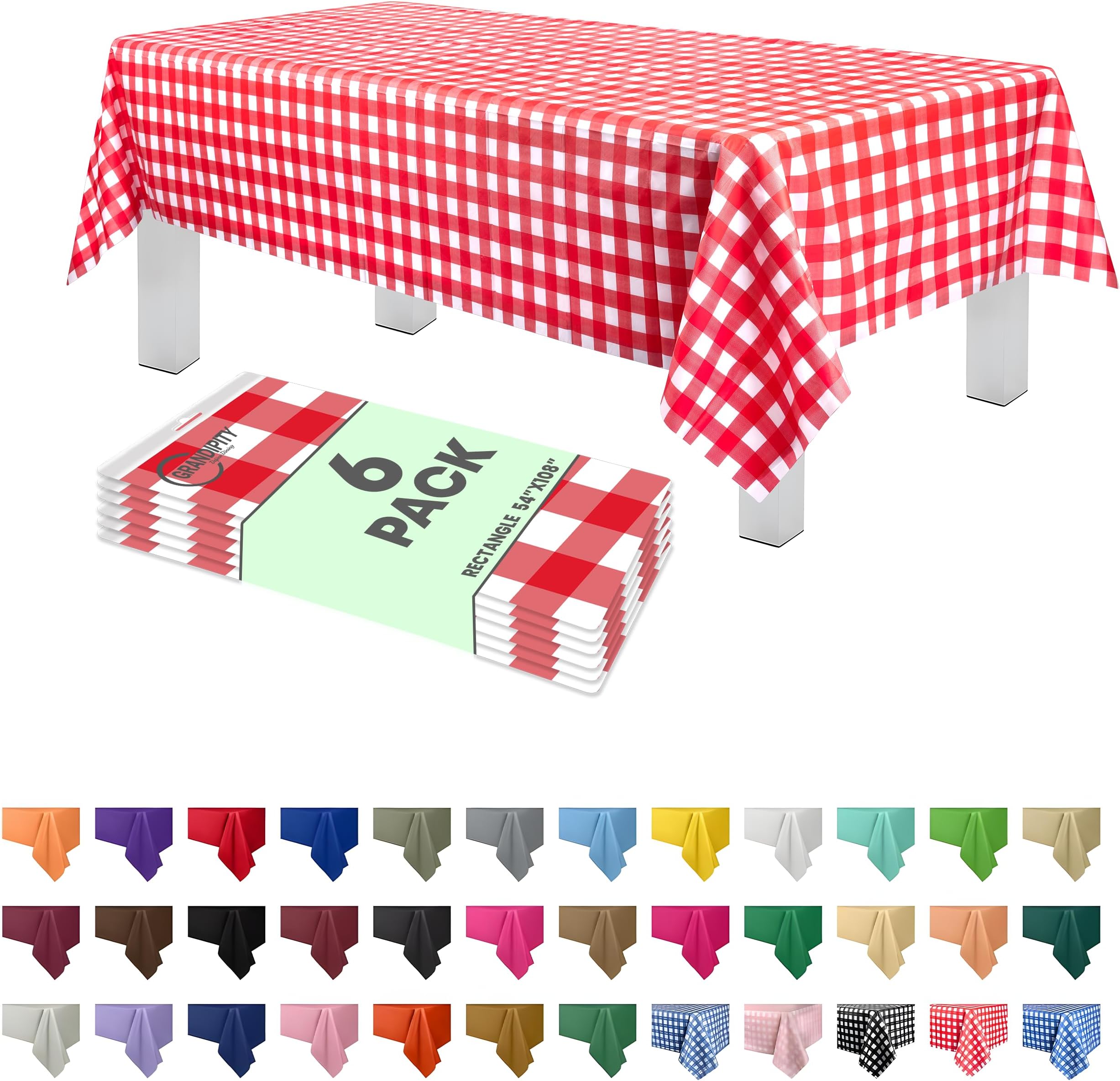 Grandipity Red Gingham Checkered Plastic Table Cloth Disposable (6 Pk) 54in x 108in Plastic Tablecloths for Rectangle Tables - Premium Party Table Cloths Disposable for 6ft to 8ft Rectangle Tables