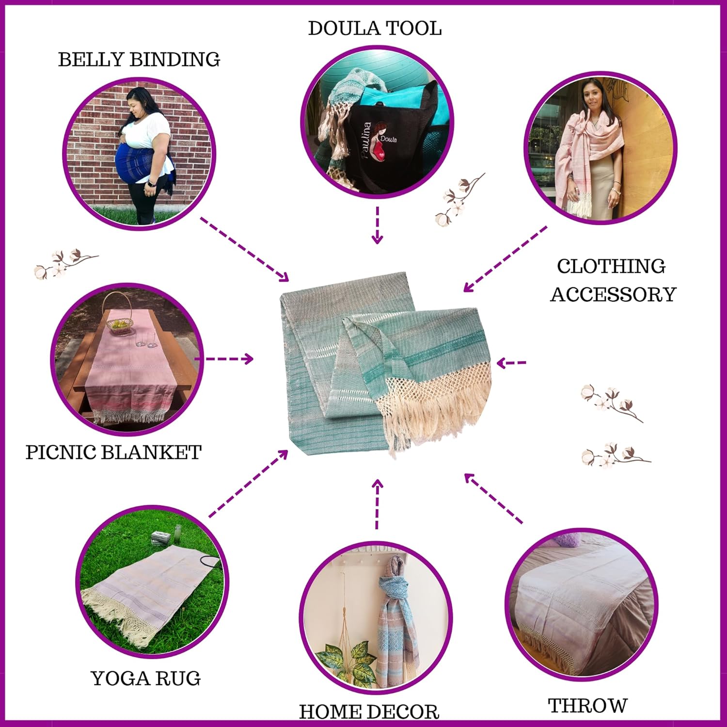 Baby Trapoz Mexican Rebozo Scarf, Shawl w/articela detail, Ideal for Natural Birth, Doula Massage, 98.5", Jade