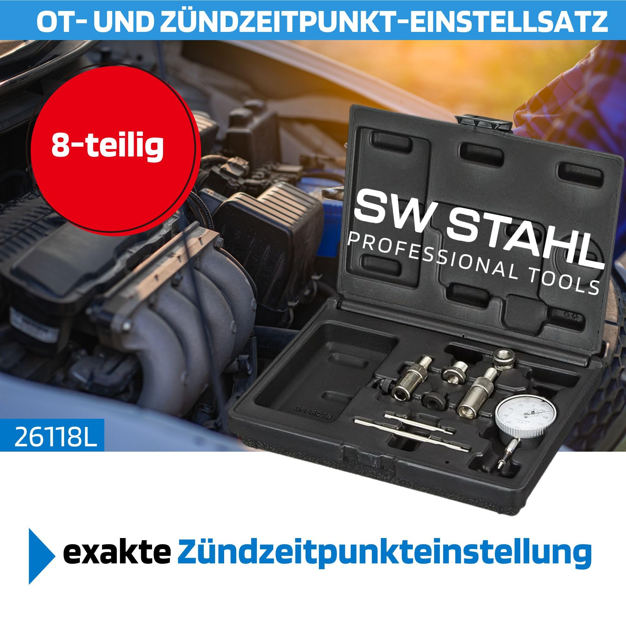 SW-Stahl 26118L Zündzeitpunkt-Einstellsatz, 8-teilig - Messuhr Motorrad | OT-Einstellwerkzeug Set mit Zündkerzenadapter, Messuhrhalterung und Verlängerung für präzise Motorabstimmung