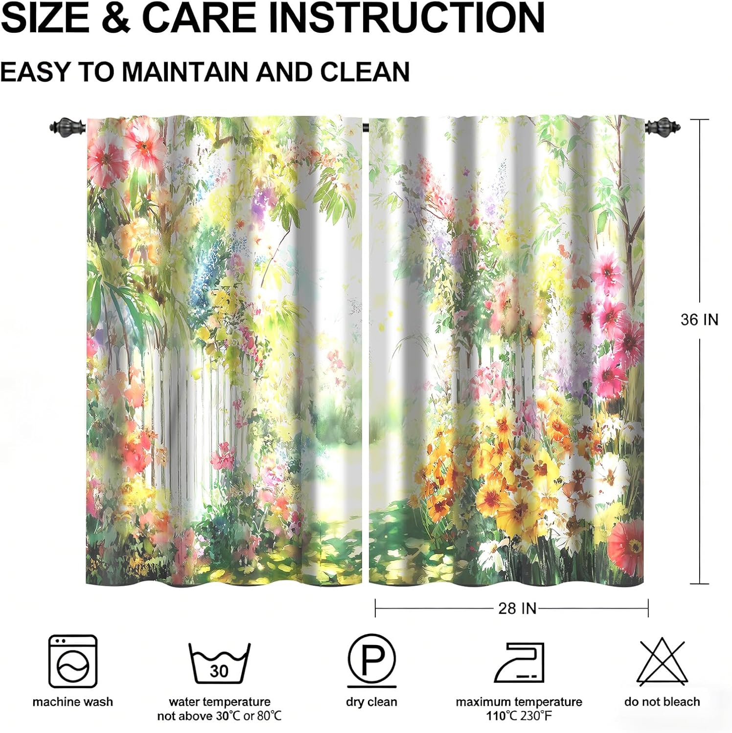 Garden Flowers Kitchen Curtains 28W X 36L Inch 2 Panels Rod Pocket Small Short Cafe Curtain Window Drapes Treatment Bathroom Home Decor image 3