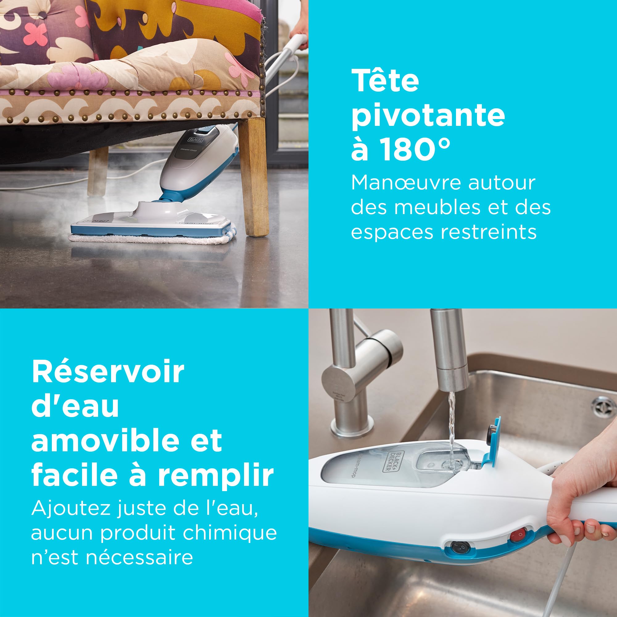BLACK+DECKER - Balai Vapeur avec Nettoyeur à Main et 5 Accessoires - Multifonctions Puissance 1300W - Temps de Chauffe 25 sec - Tête Pivotante 180° - Réservoir Amovible 350 ml - FSMH13E5-QS