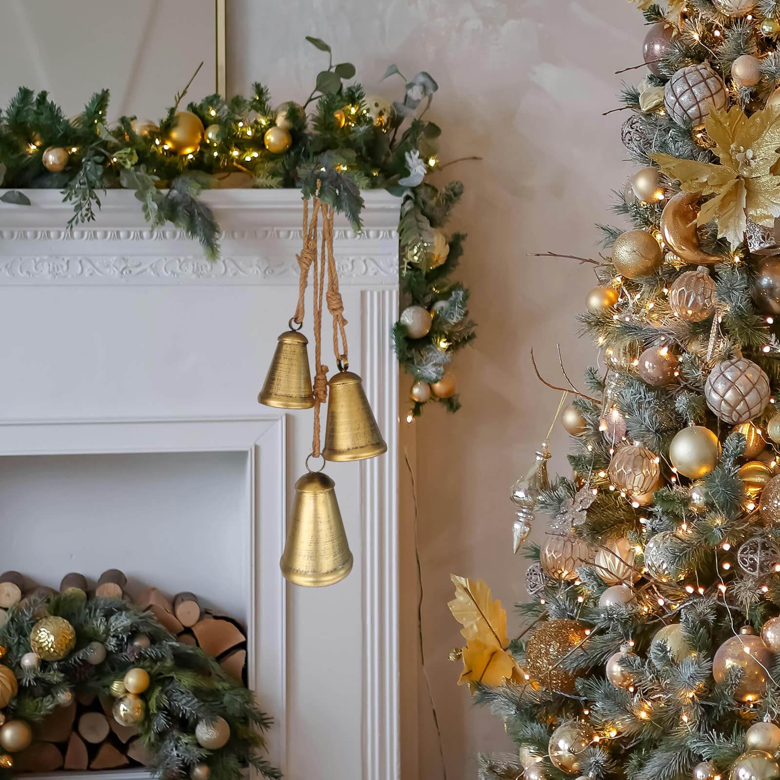 Christmas Bells Decorations Brass Hanging - Rustic Xmas Bell Cow Decor Decorative Vintage Antique Lucky for Door Porch Wreath Mantle Greenery Farmhouse Garland Stair Rail Holiday, Brass,3pcs