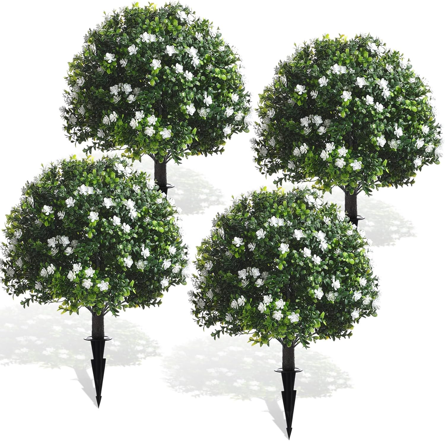 Yunlly 4 Pcs Artificial Flowers Fake Boxwood Topiary Ball Tree 27 Inch Outdoor Faux Bush Balls, Realistic UV Resistance Fake Shrub Plant with Spike for Garden Porch Patio Indoor Decor (White) White 4