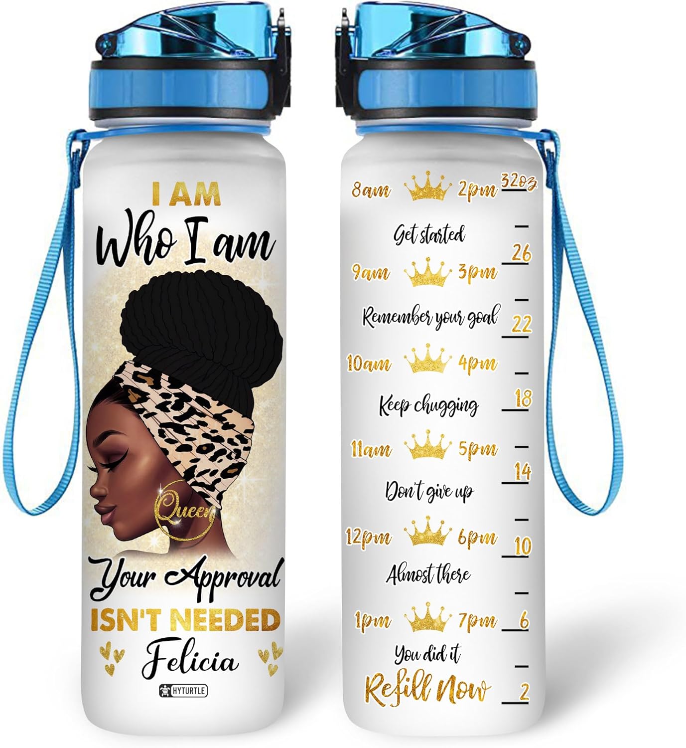 Hyturtle I Am Who I Am Motivational 32Oz Liter Water Bottle, Customized Africa American Bottle With Time Marker, Gifts For Black Women, Girls On Birthday, Mother’s Day