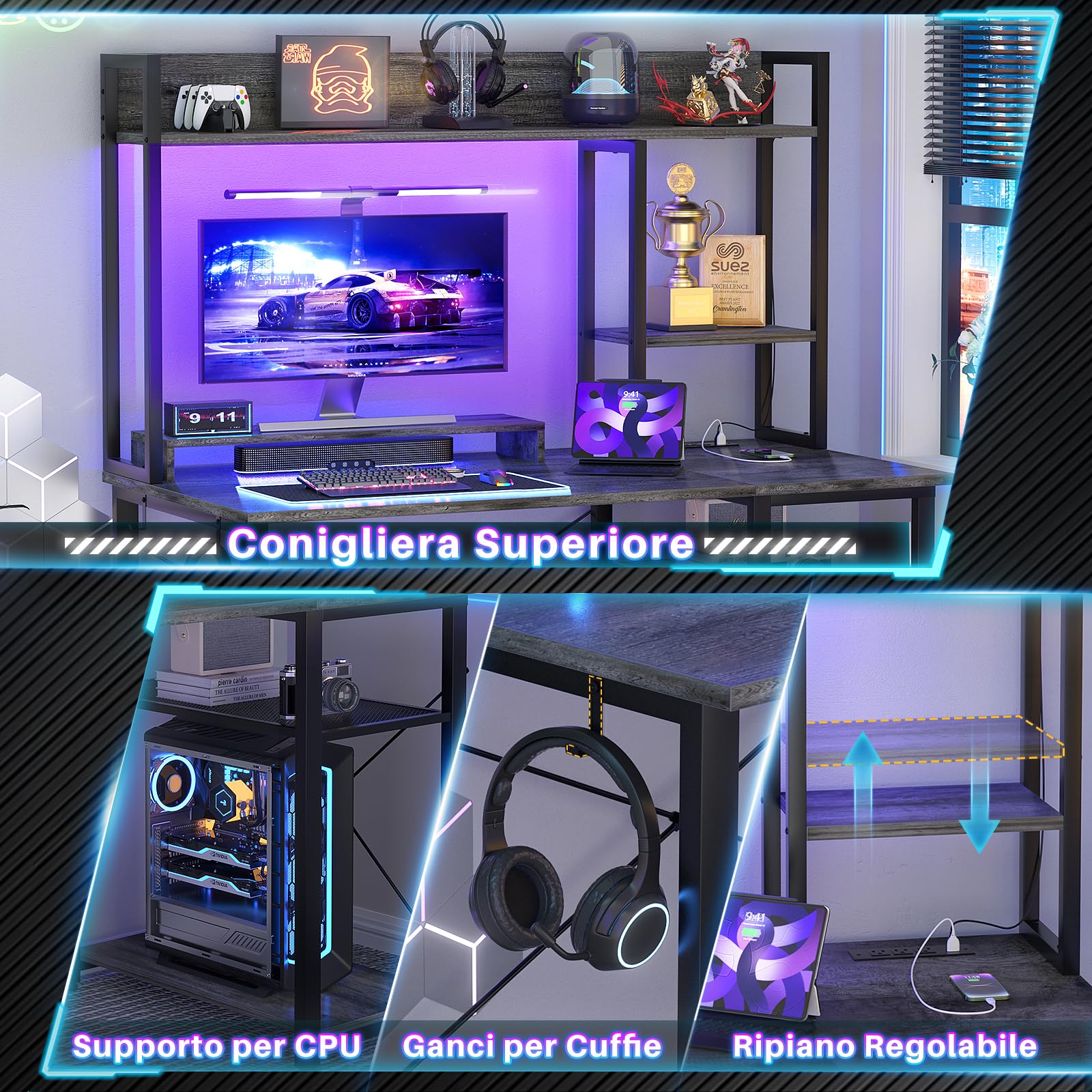 iSunirm Scrivania Gaming con Supporto per Monitor e Ripiano di Stoccaggio,Scrivania Computer con 2 Prese e 2 Porte USB,Scrivanie Moderne per Ufficio e Studio,100x50x75cm,Grigio