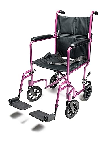 Everest Jennings silla de transporte de aluminio con ruedas de giro de 5 pulgadas y asiento de 19 pulgadas rosa